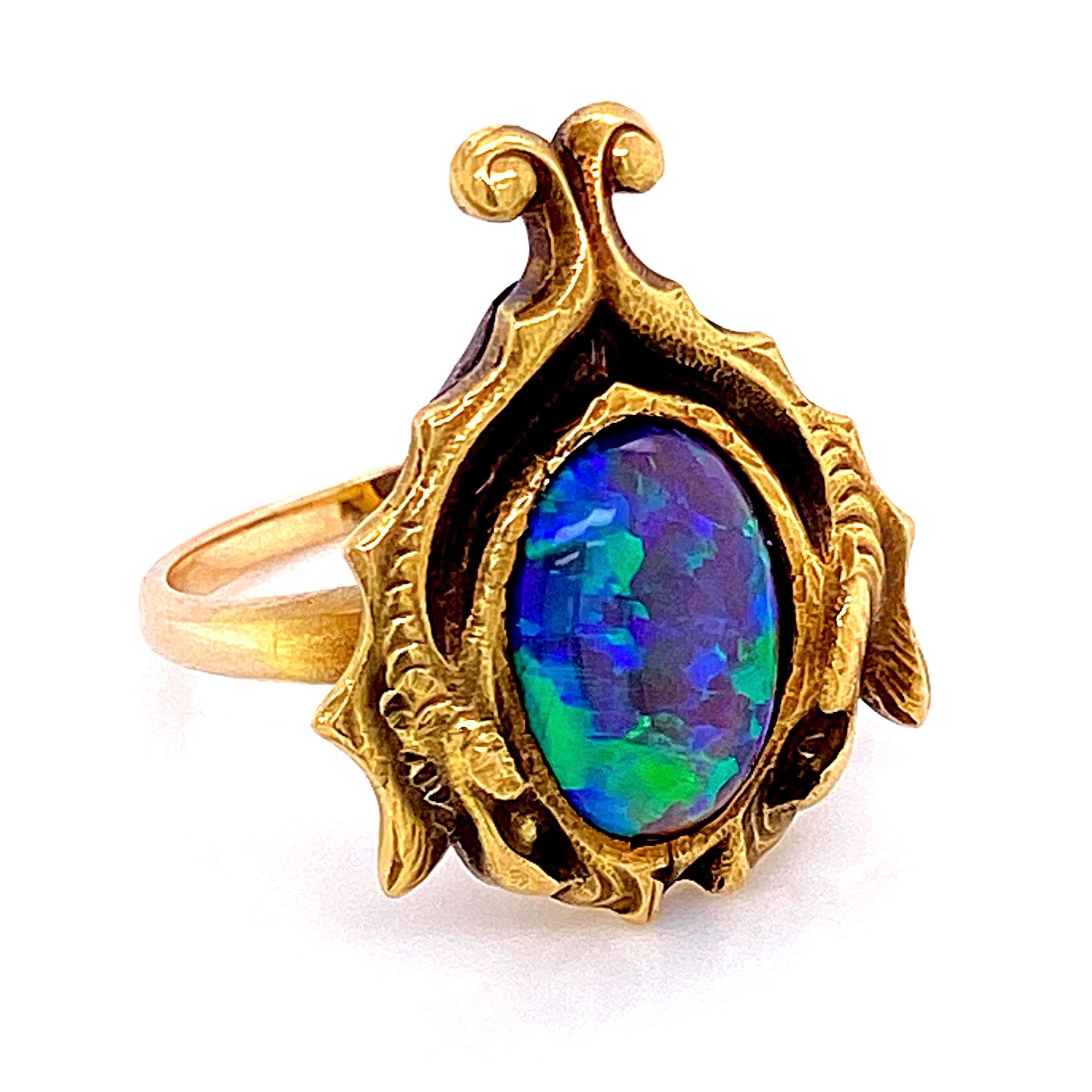 Arts and Crafts Arts & Crafts Australian Black Opal Gold Cocktail Ring Fine Estate Jewelry For Sale