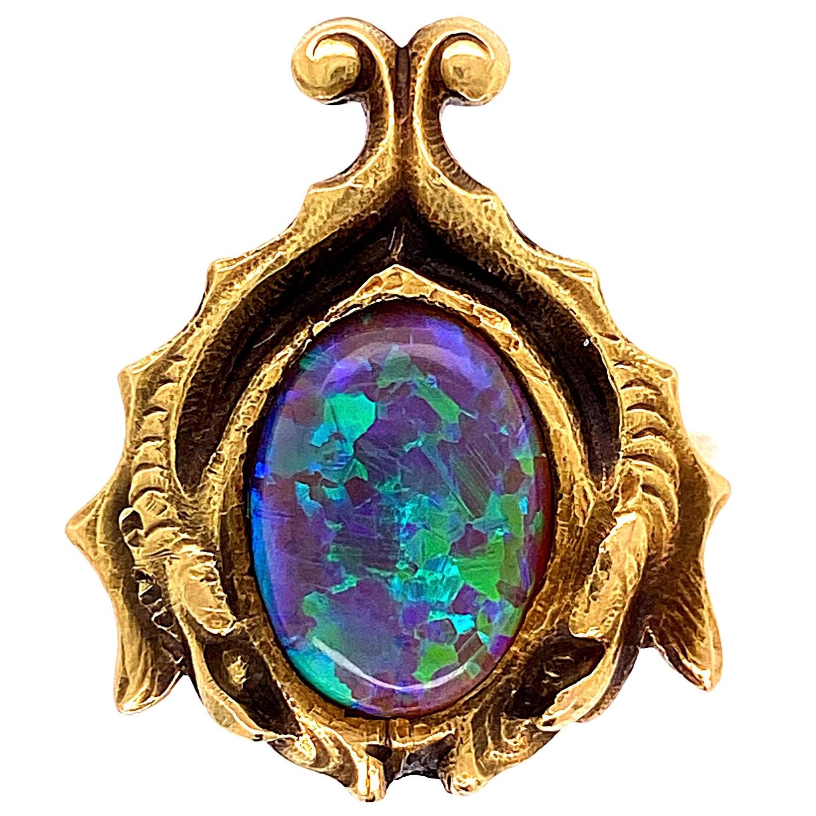 Arts & Crafts Australian Black Opal Gold Cocktail Ring Fine Estate Jewelry For Sale