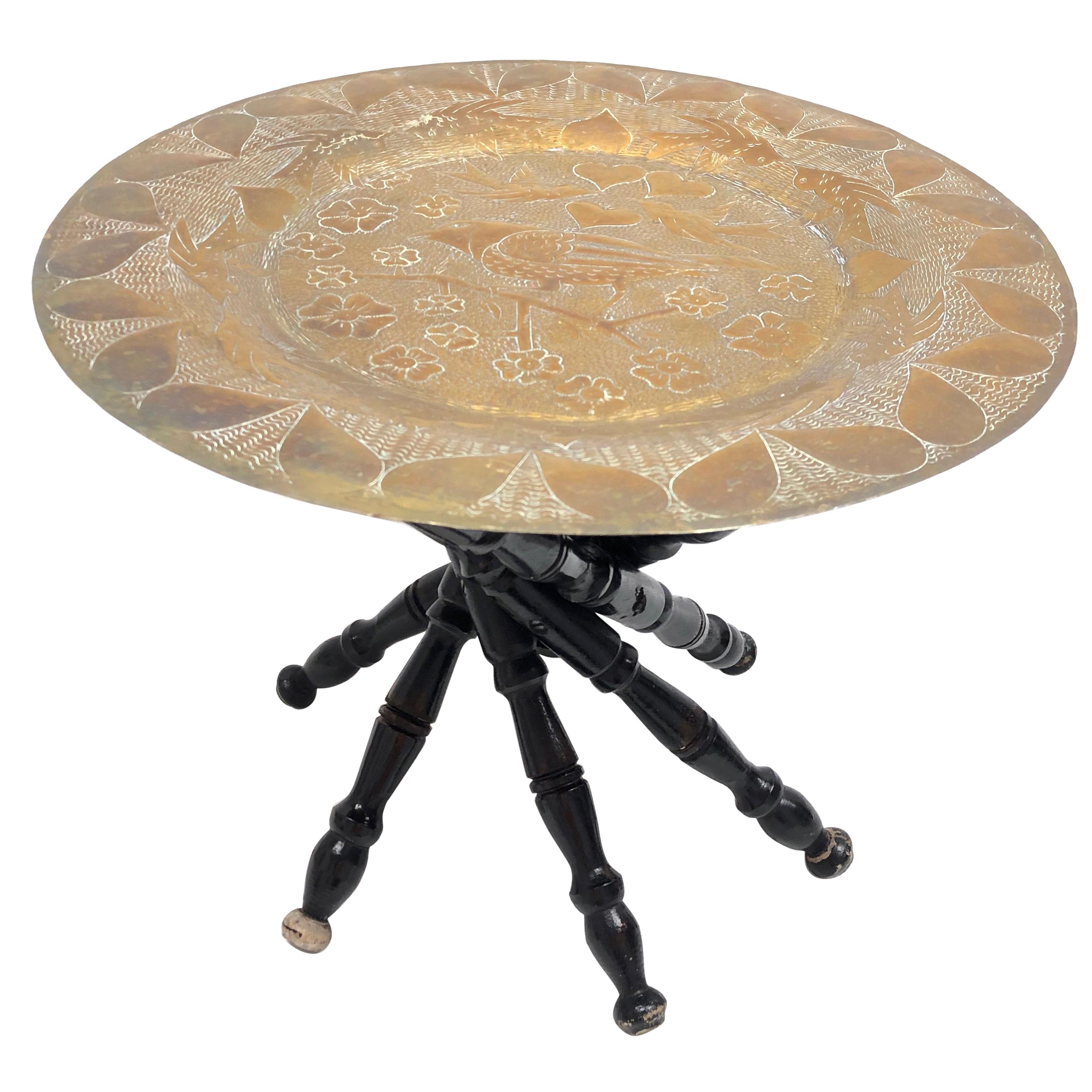 Arts & Crafts Barley Twist Oriental Wood and Brass Tea Side Table Vintage 1920s For Sale