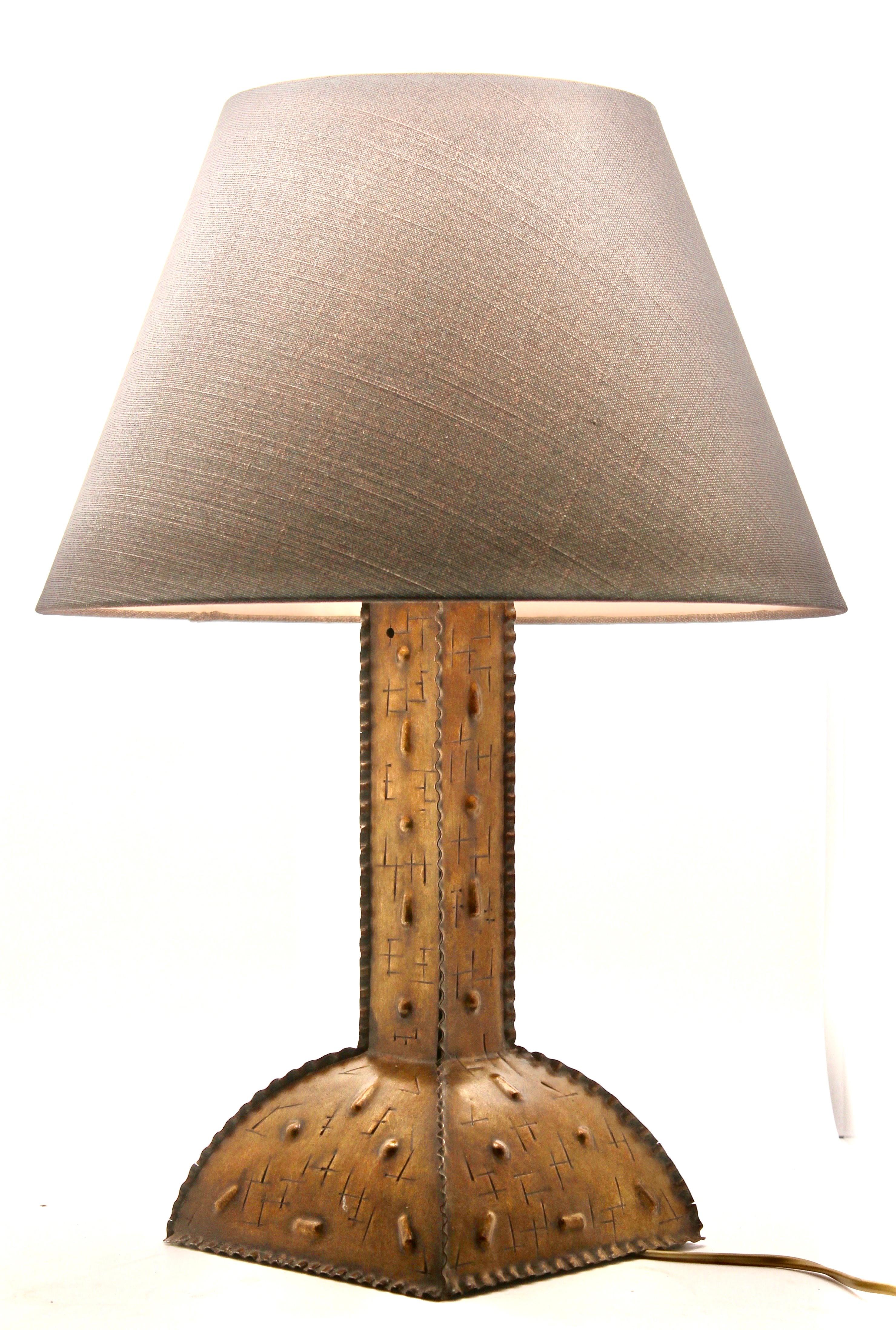 Brass Arts & Crafts, Beaten Copper Table Lamp with Original Patina, Handmade