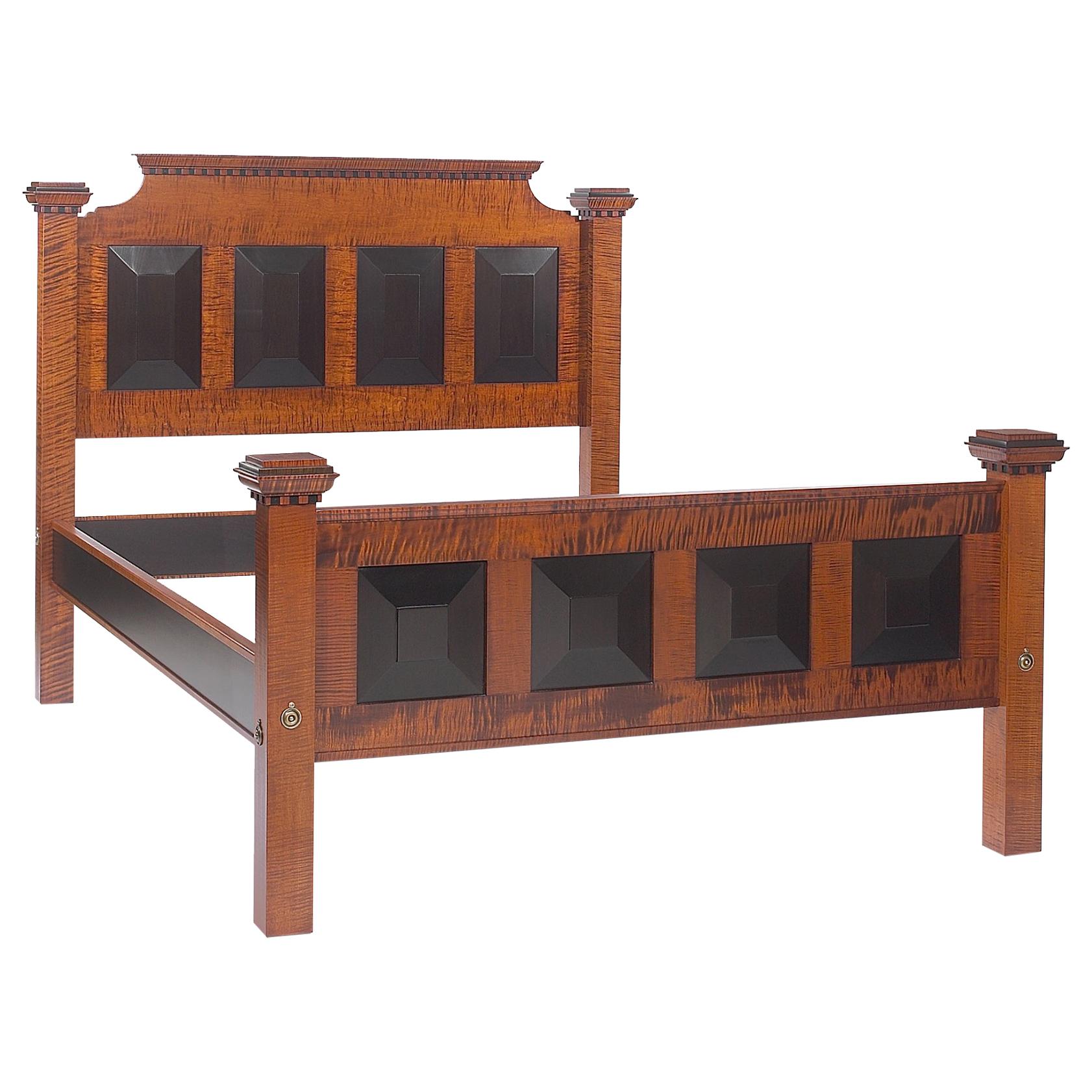 Arts & Crafts Bed in Amber Stained Tiger Maple with Ebonized Painted Detail For Sale