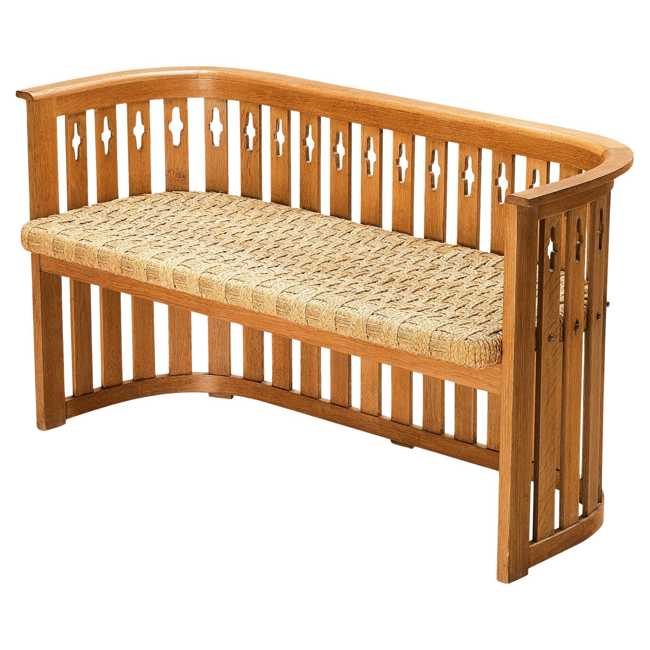 1920s Arts & Crafts Bench in Oak and Braided Straw