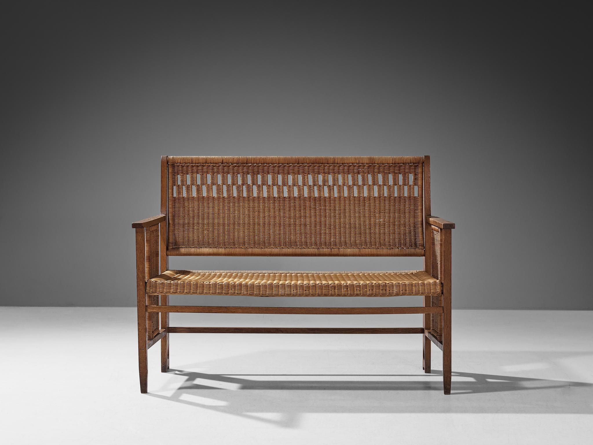 Austrian Arts & Crafts Bench in Oak and Cane