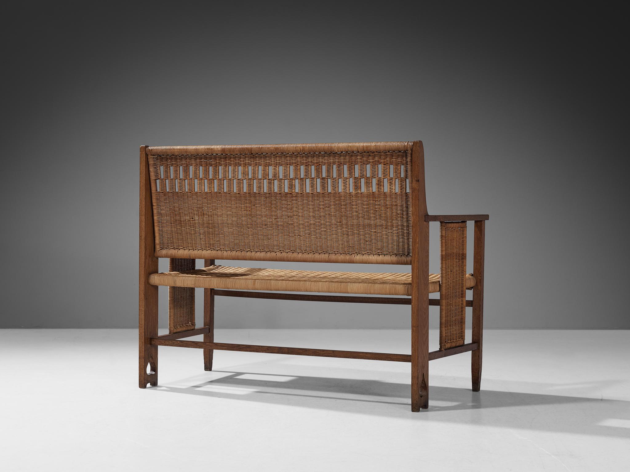 Early 20th Century Arts & Crafts Bench in Oak and Cane
