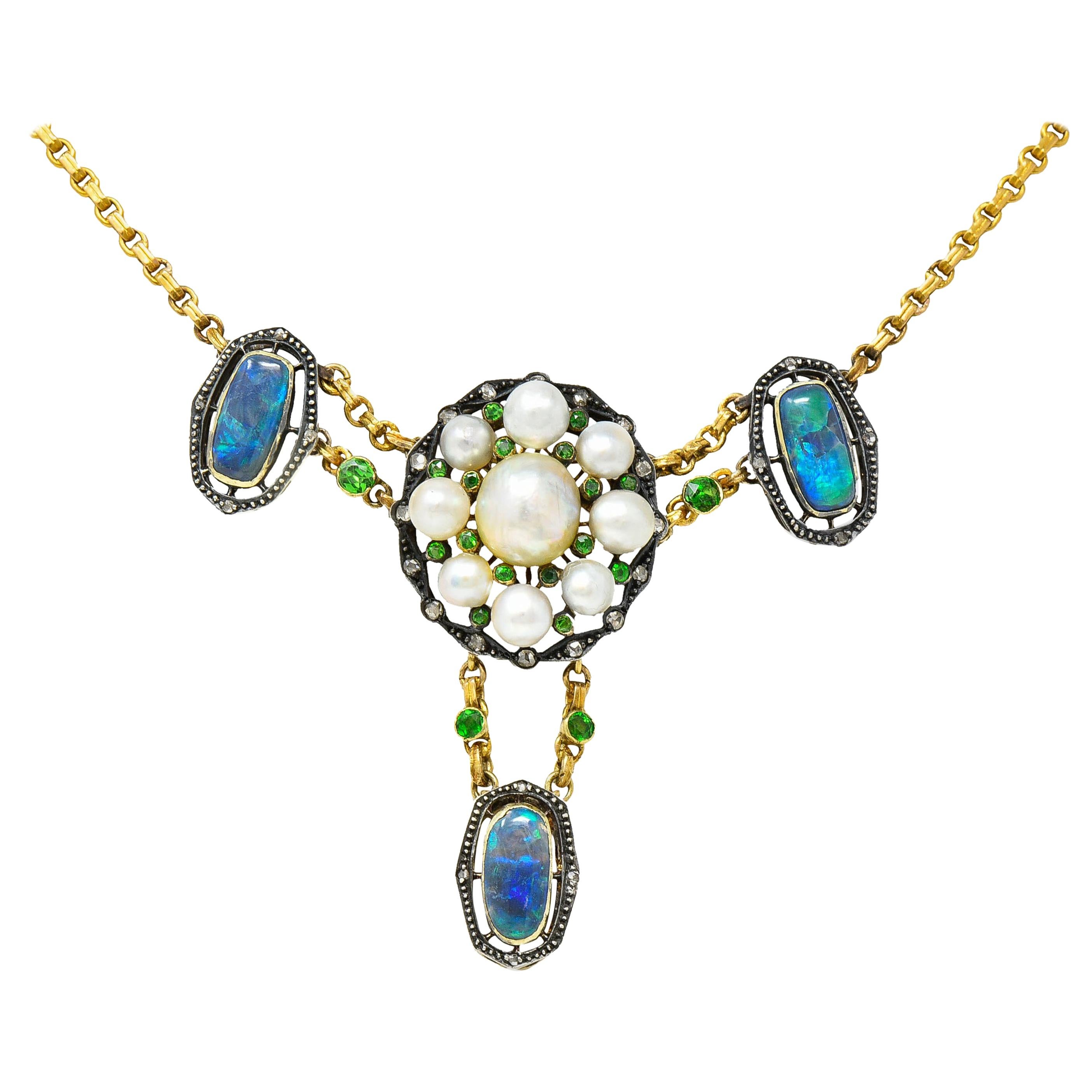Arts & Crafts Black Opal Demantoid Garnet Pearl Diamond 14 Karat Gold Necklace