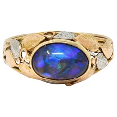 Arts 
Crafts Black Opal Platinum 14 Karat Gold Antique Unisex Foliate Ring