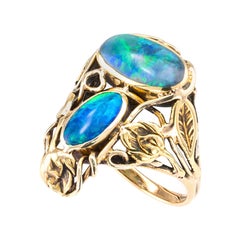 Antique Arts & Crafts Black Opal Yellow Gold Ring 