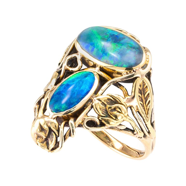 Arts & Crafts Black Opal Yellow Gold Ring  For Sale