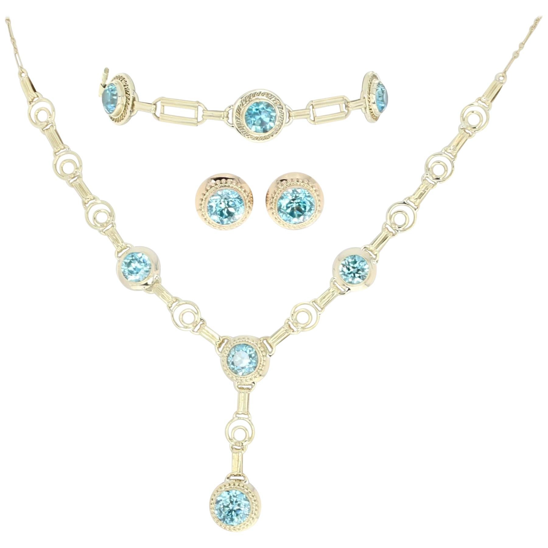 Arts & Crafts Blue Zircon Jewelry Set, 14 Karat Yellow Gold Vintage 16.84 Carat