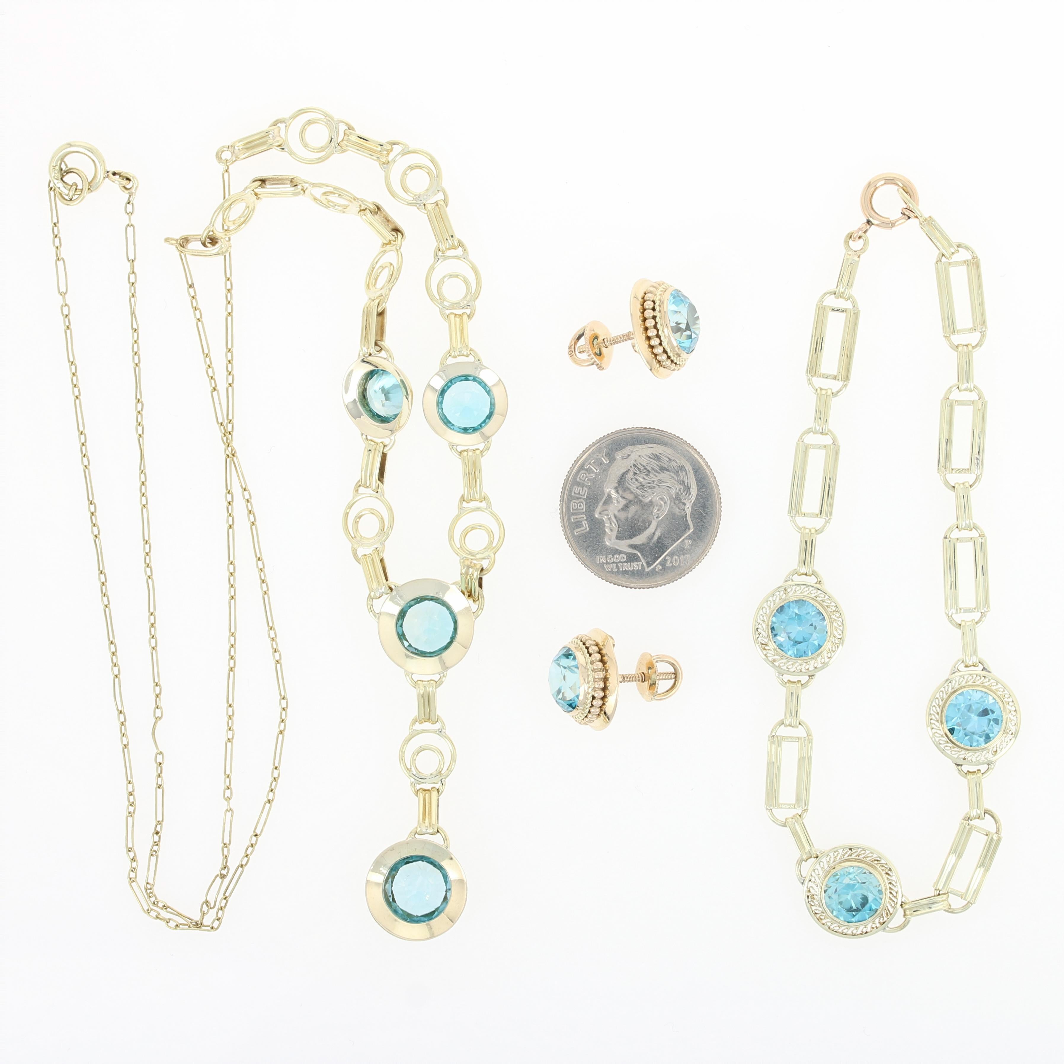 Arts & Crafts Blue Zircon Jewelry Set, 14 Karat Yellow Gold Vintage 16.84 Carat 1