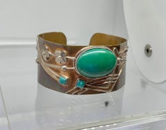 Arts & Crafts Bracelet Chrysoprase Sterling Silver Copper Bangle Jugendstil