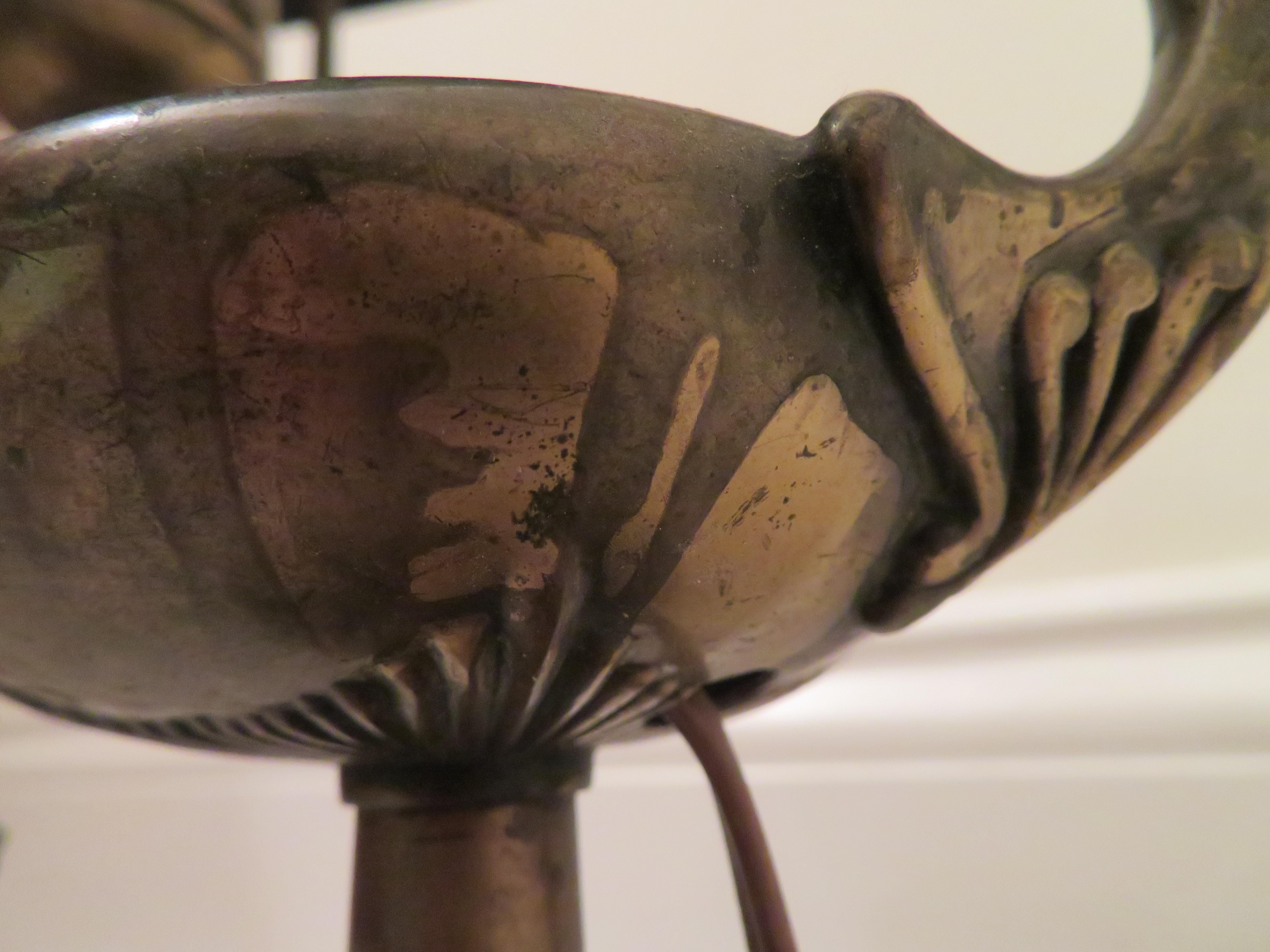 Early 20th Century Arts & Crafts Bradley and Hubbard Brass Genie Slag Glass Lamp