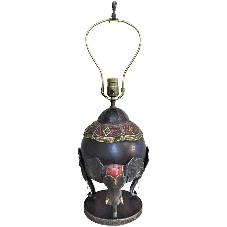 Arts and Crafts, Bradley and Hubbard Enameled Metal Elephant Table Lamp,  circa 1910 For Sale at 1stDibs