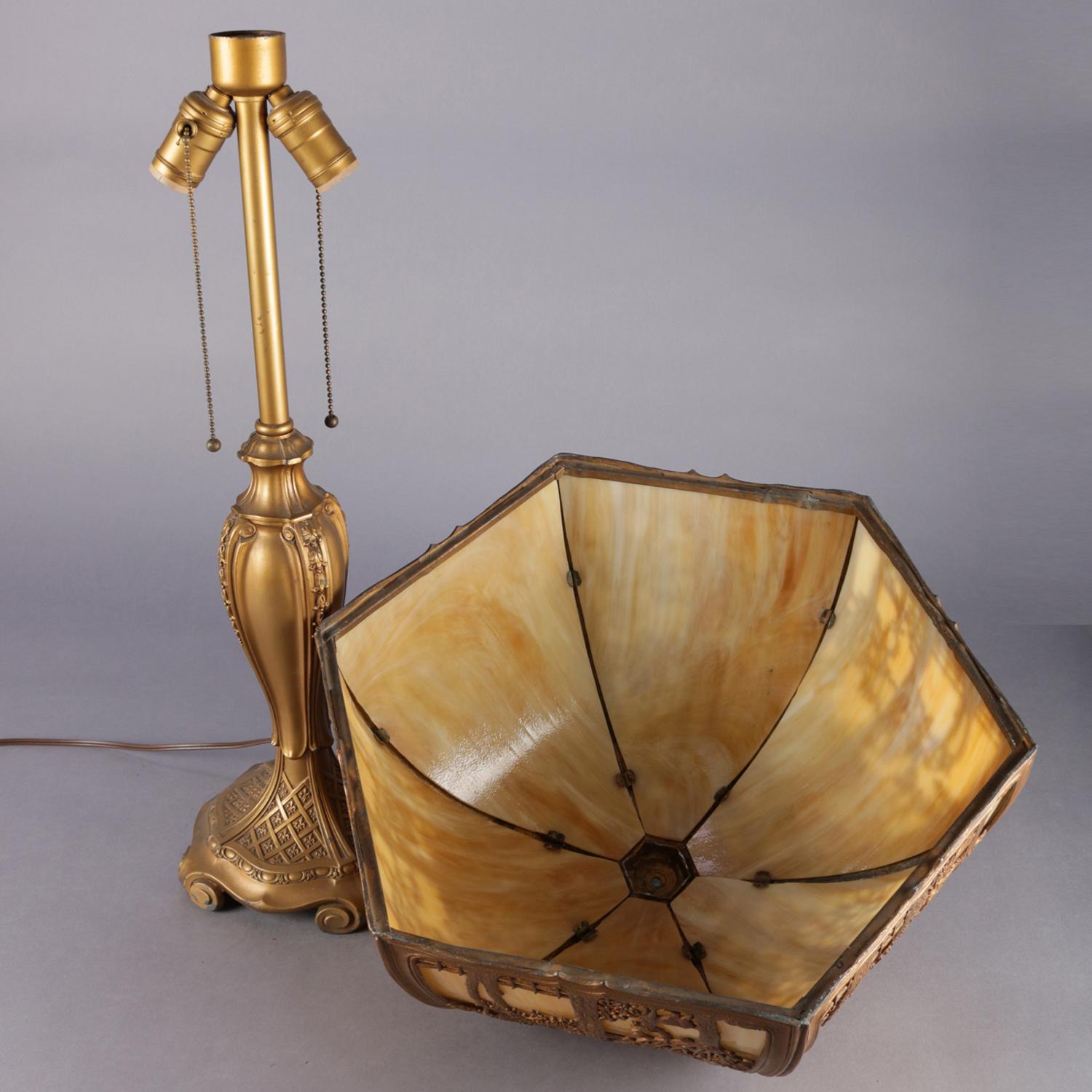 Arts & Crafts Bradley & Hubbard School Gilt Metal & Slag Glass Lamp, circa 1920 2