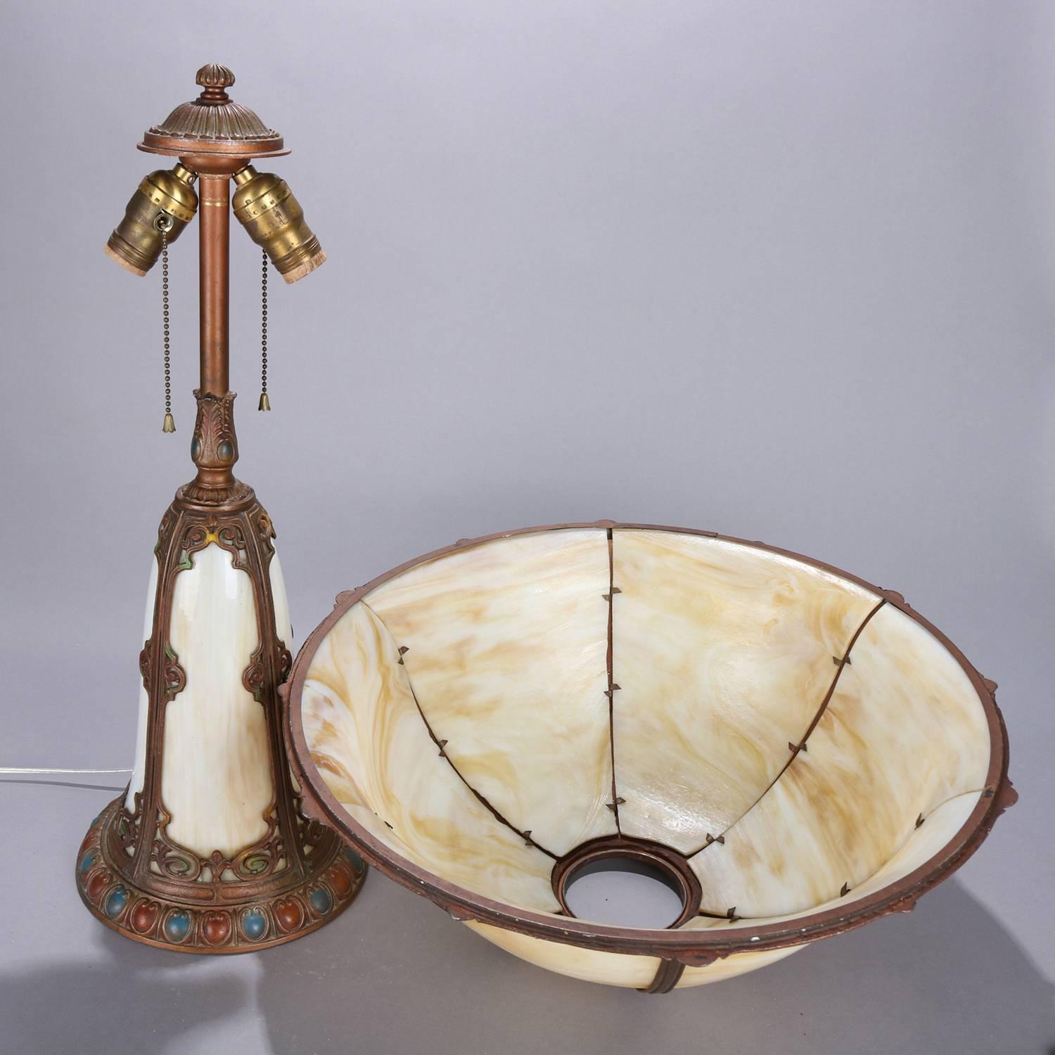 Arts & Crafts Bradley & Hubbard School Polychromed Slag Glass Table Lamp In Good Condition In Big Flats, NY