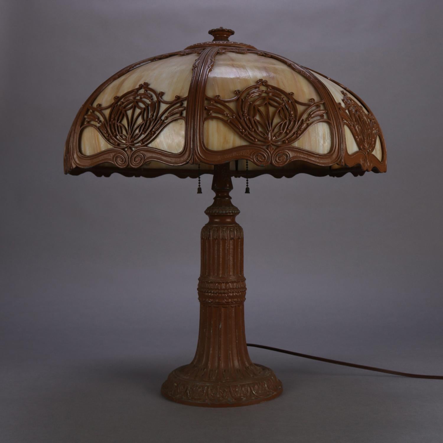 Arts & Crafts Bradley & Hubbard School Slag Glass Panel Table Lamp, circa 1920 (Arts and Crafts)