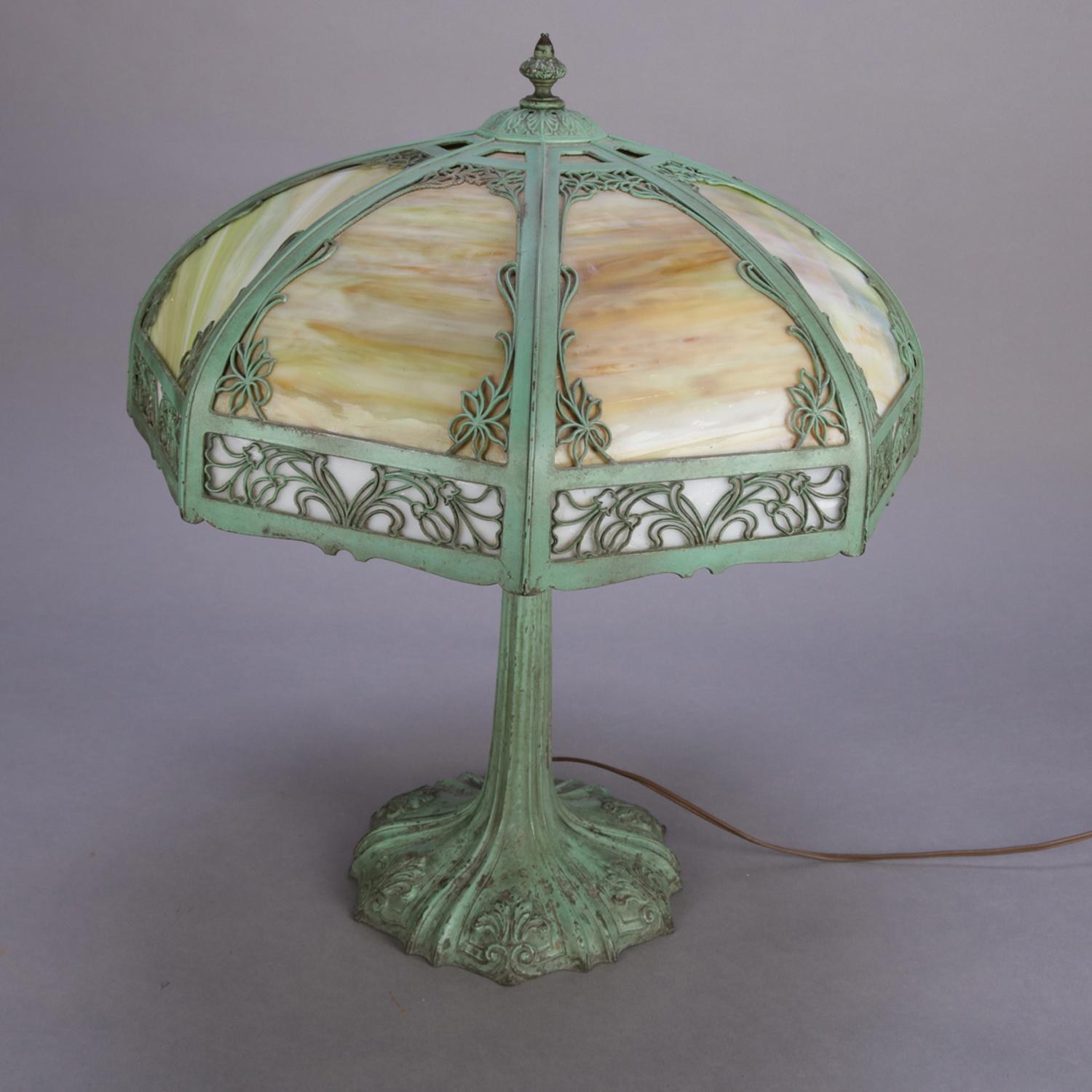 American Arts & Crafts Bradley & Hubbard School Slag Glass Panel Table Lamp, circa 1920