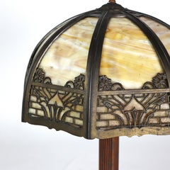 ARts & Crafts Bradley & Hubbard Style 8-Panel Slag Glass Table Lamp c1920