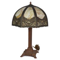 ARts & Crafts Bradley & Hubbard Style 8-Panel Slag Glass Table Lamp c1920