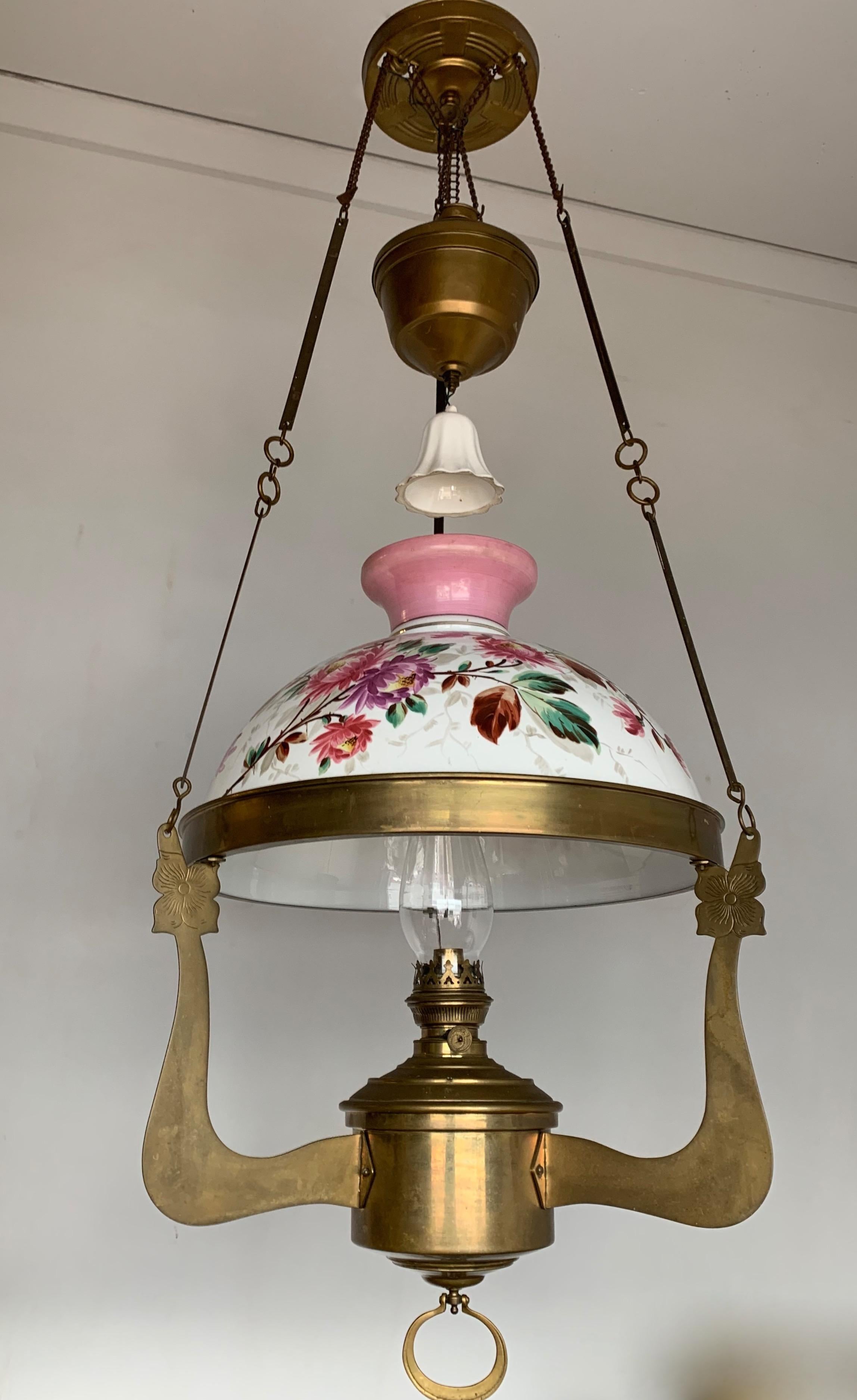 Arts & Crafts Brass and Opaline Shade Oil Lamp or Adjustable Floral Chandelier For Sale 10