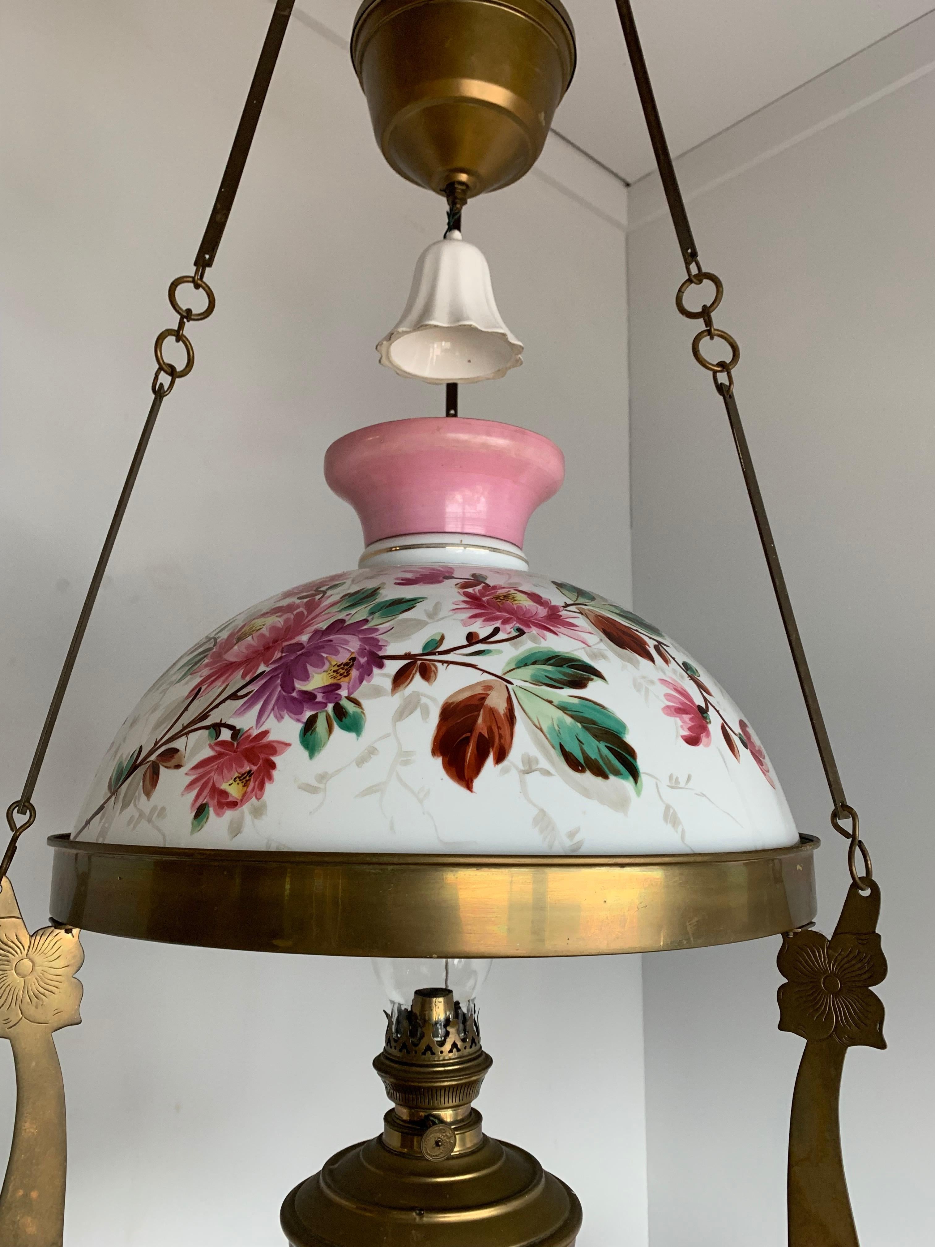 European Arts & Crafts Brass and Opaline Shade Oil Lamp or Adjustable Floral Chandelier For Sale