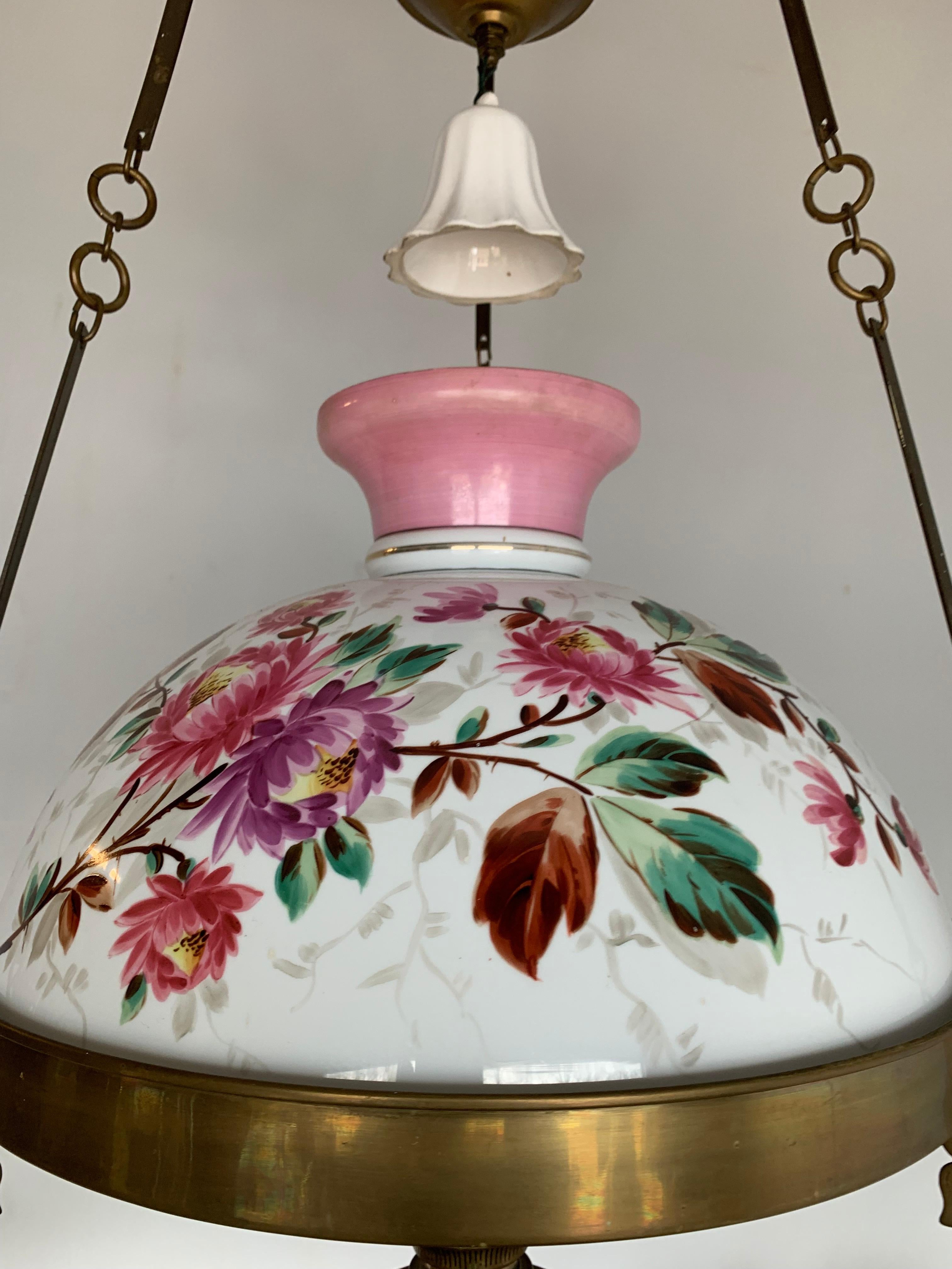 Hand-Crafted Arts & Crafts Brass and Opaline Shade Oil Lamp or Adjustable Floral Chandelier For Sale