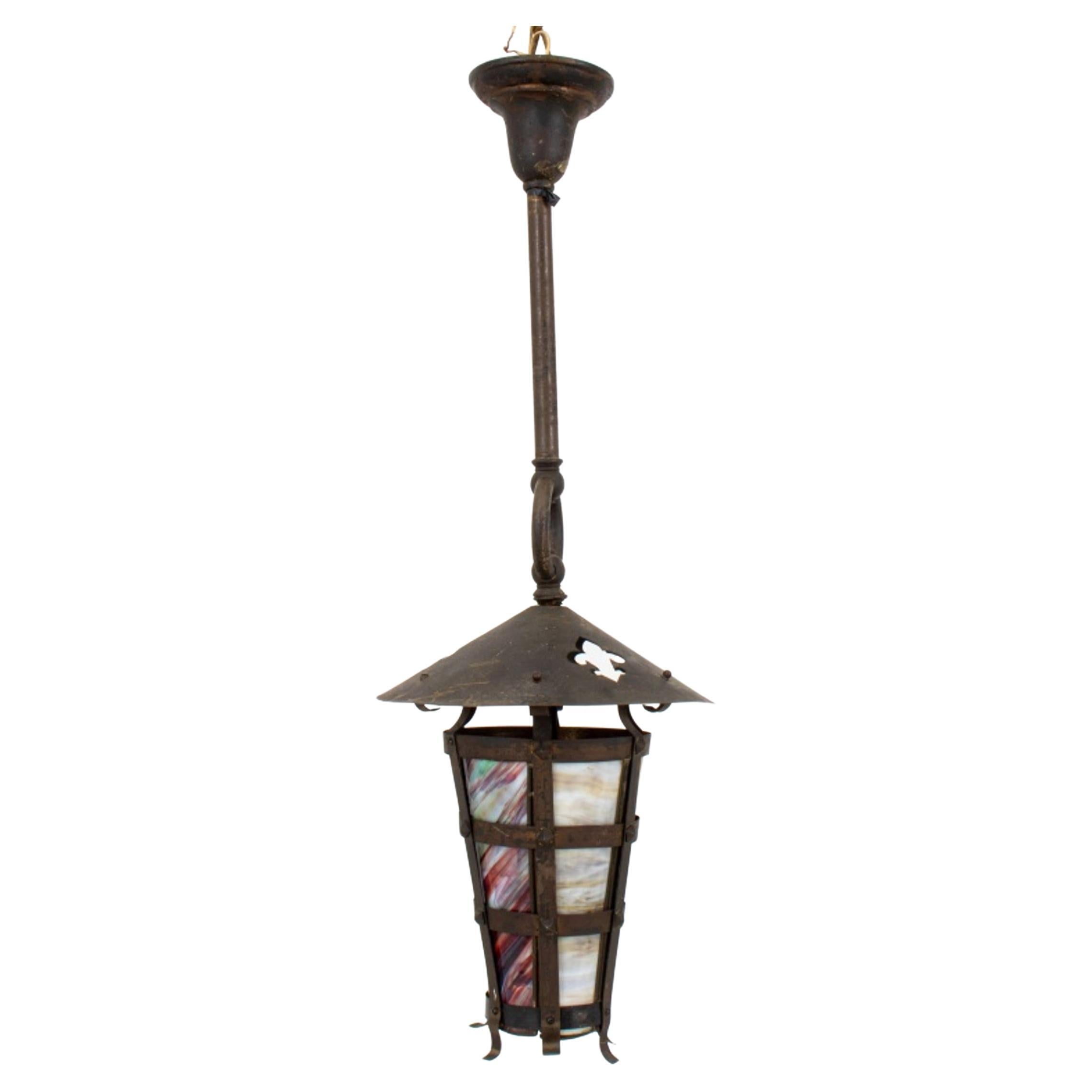 Arts 
Crafts Brass and Slag Glass Hall Lantern