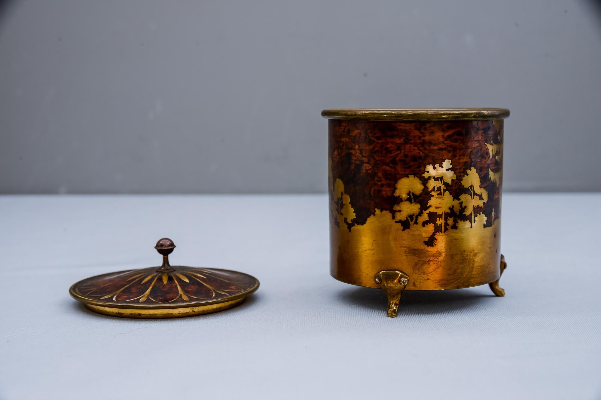 Hand-Crafted Arts & Crafts Brass and Wood Round Box by Erhard & Sohne Vienna, circa 1920s