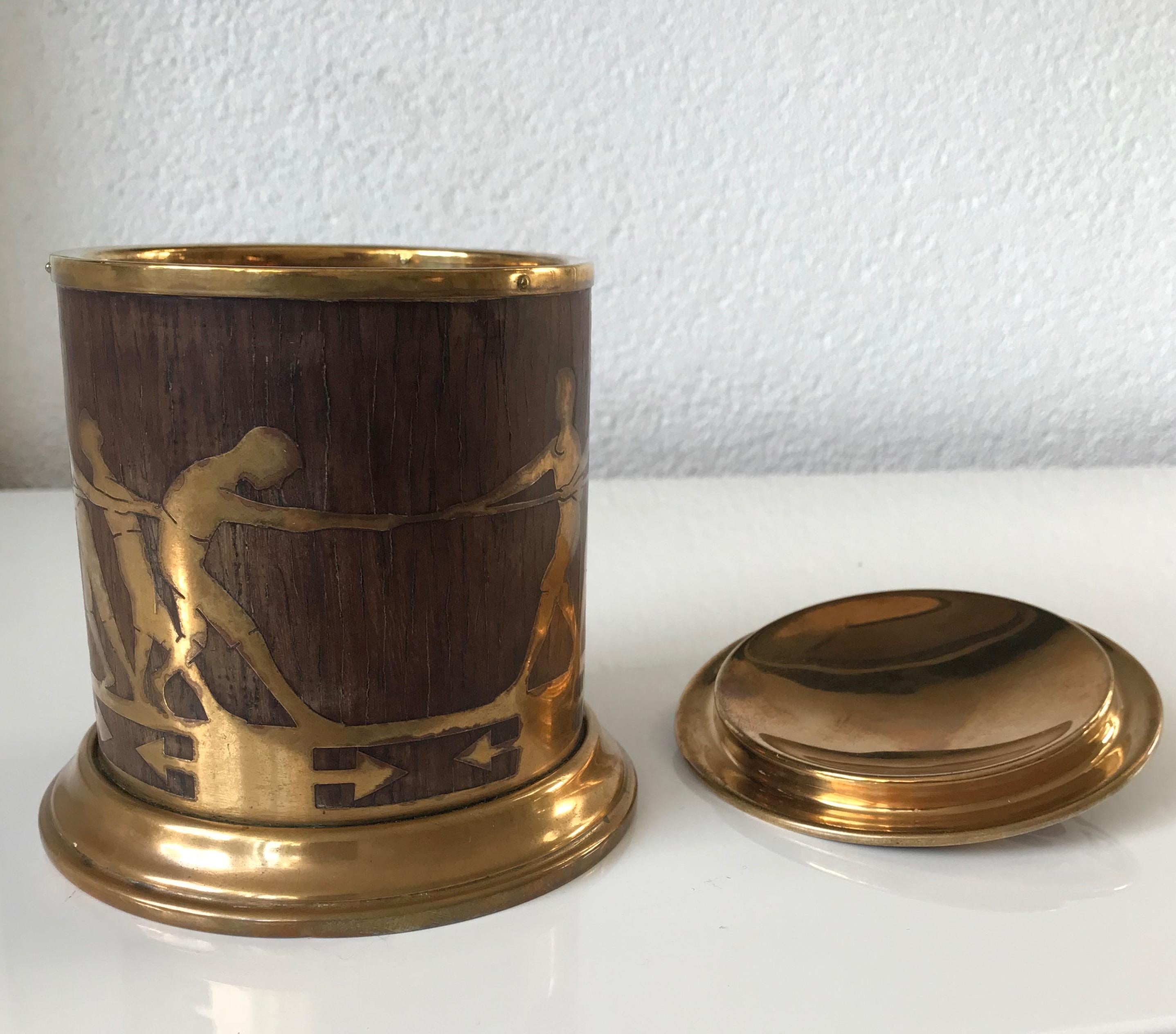 Arts & Crafts Brass and Wood Round Box by Erhard & Sohne, Vienna Secessionist 5