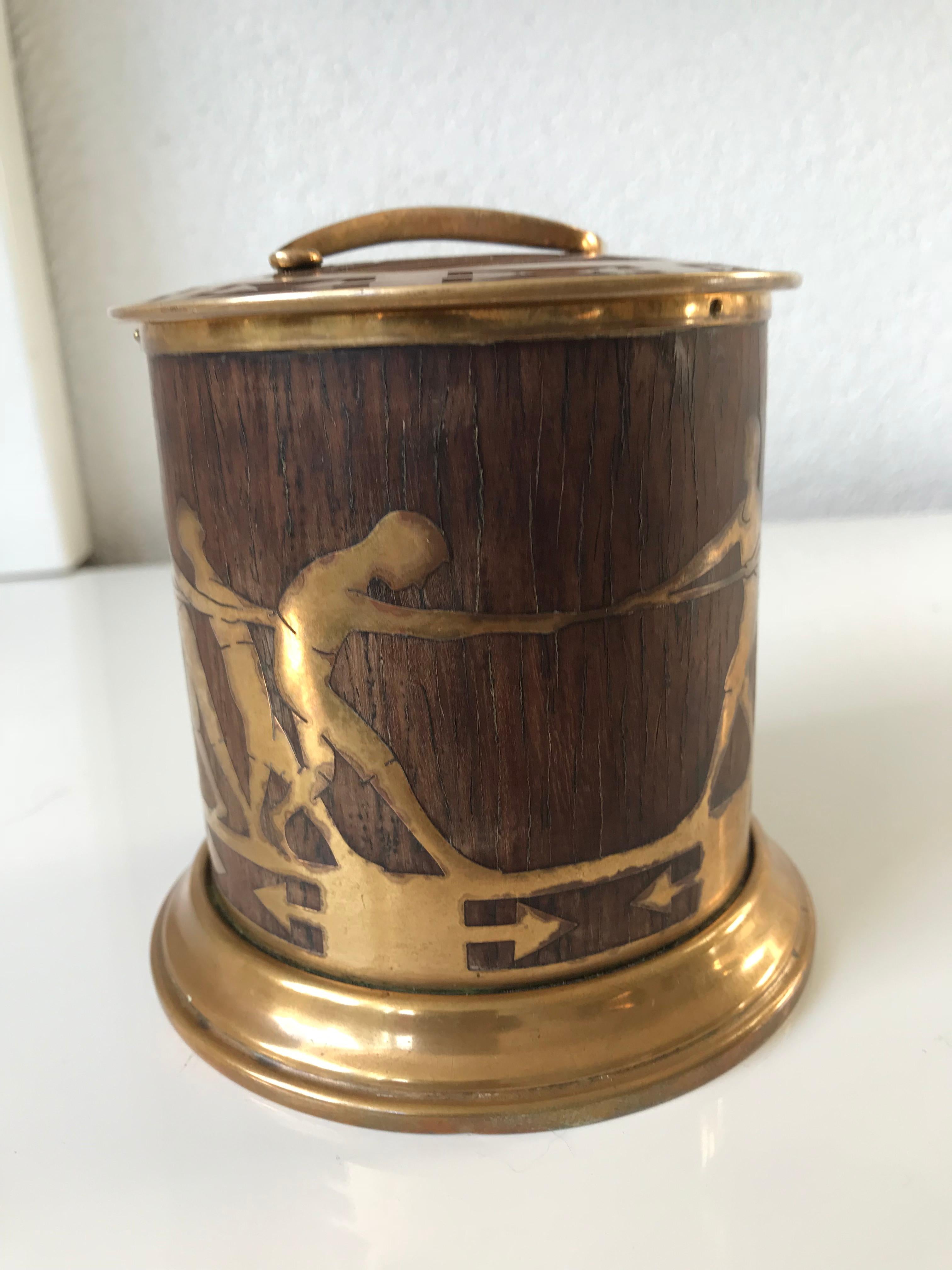 Austrian Arts & Crafts Brass and Wood Round Box by Erhard & Sohne, Vienna Secessionist