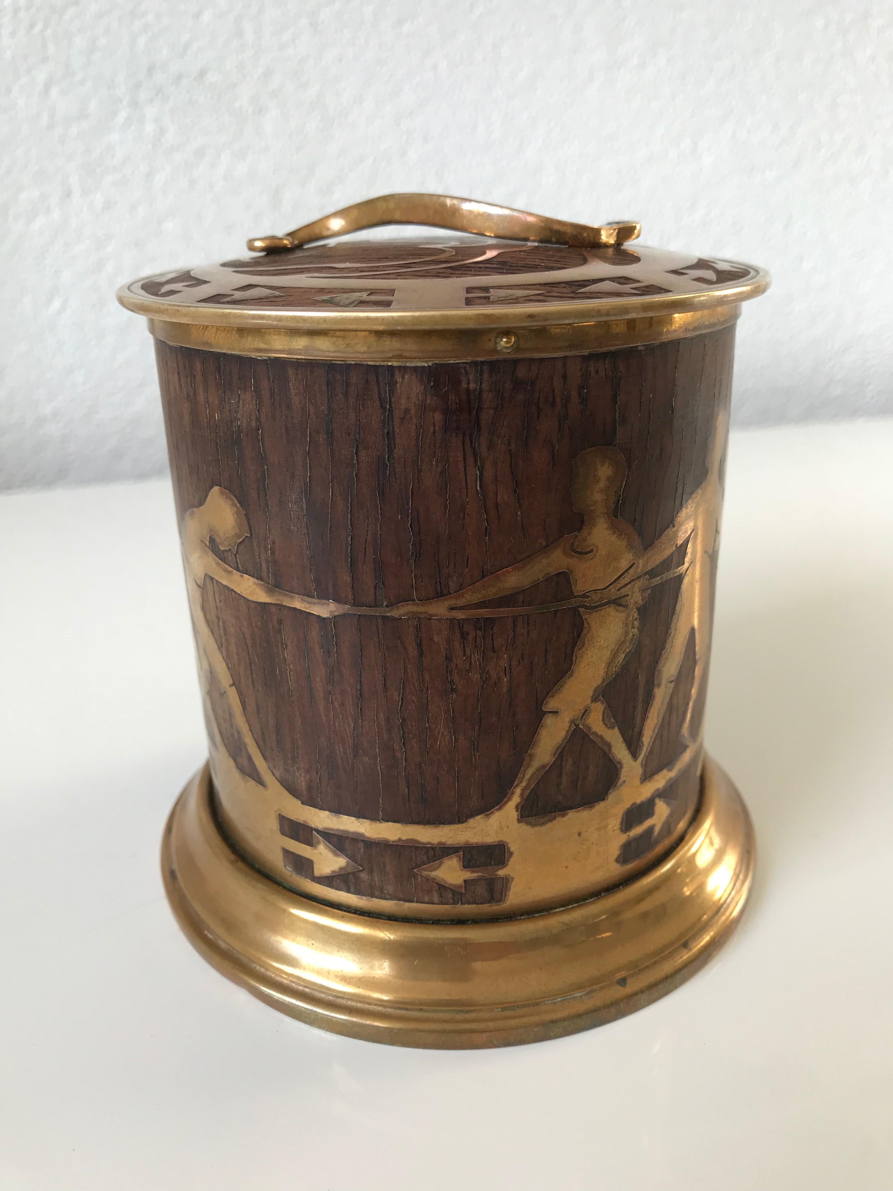 Hand-Crafted Arts & Crafts Brass and Wood Round Box by Erhard & Sohne, Vienna Secessionist