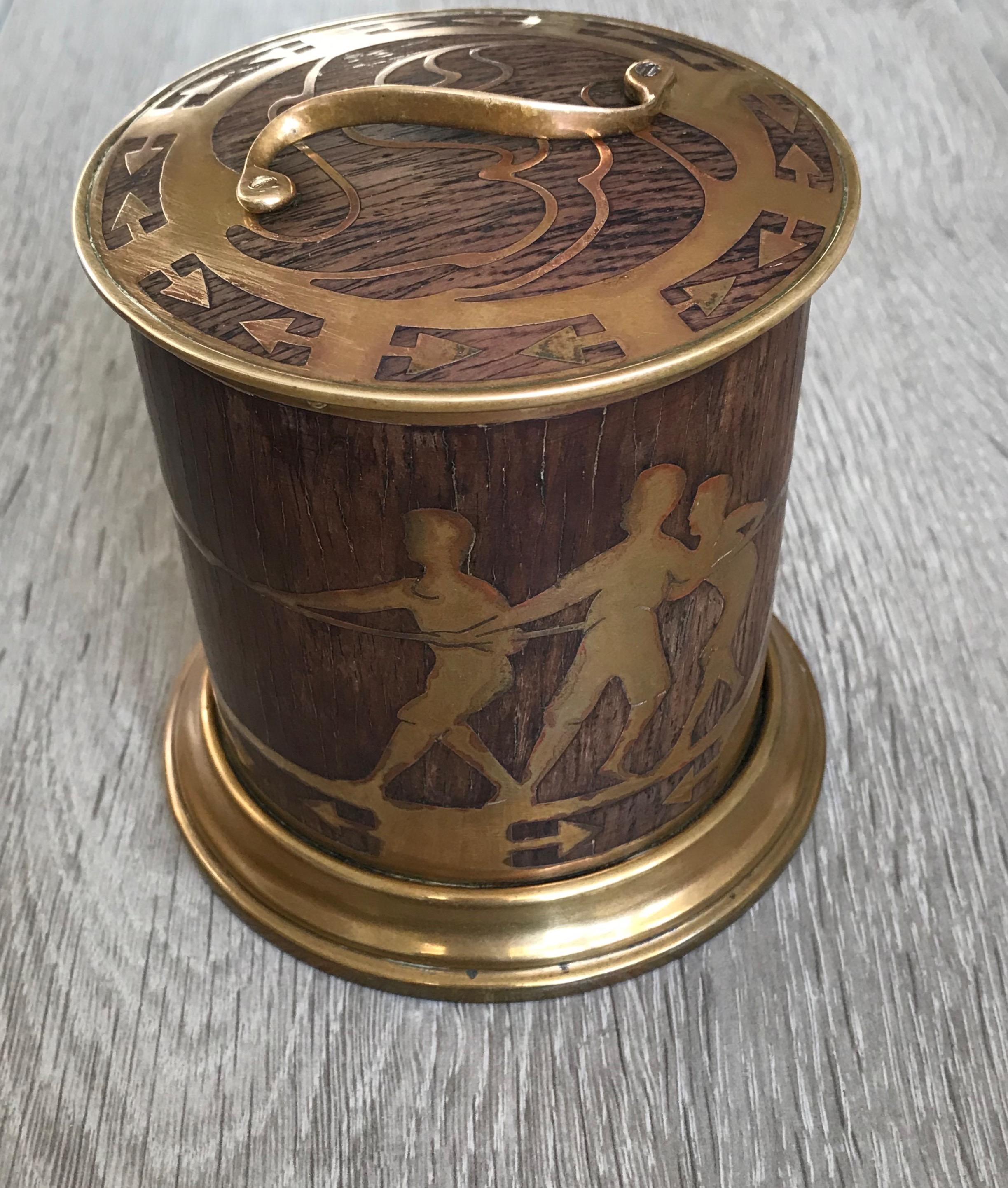 20th Century Arts & Crafts Brass and Wood Round Box by Erhard & Sohne, Vienna Secessionist