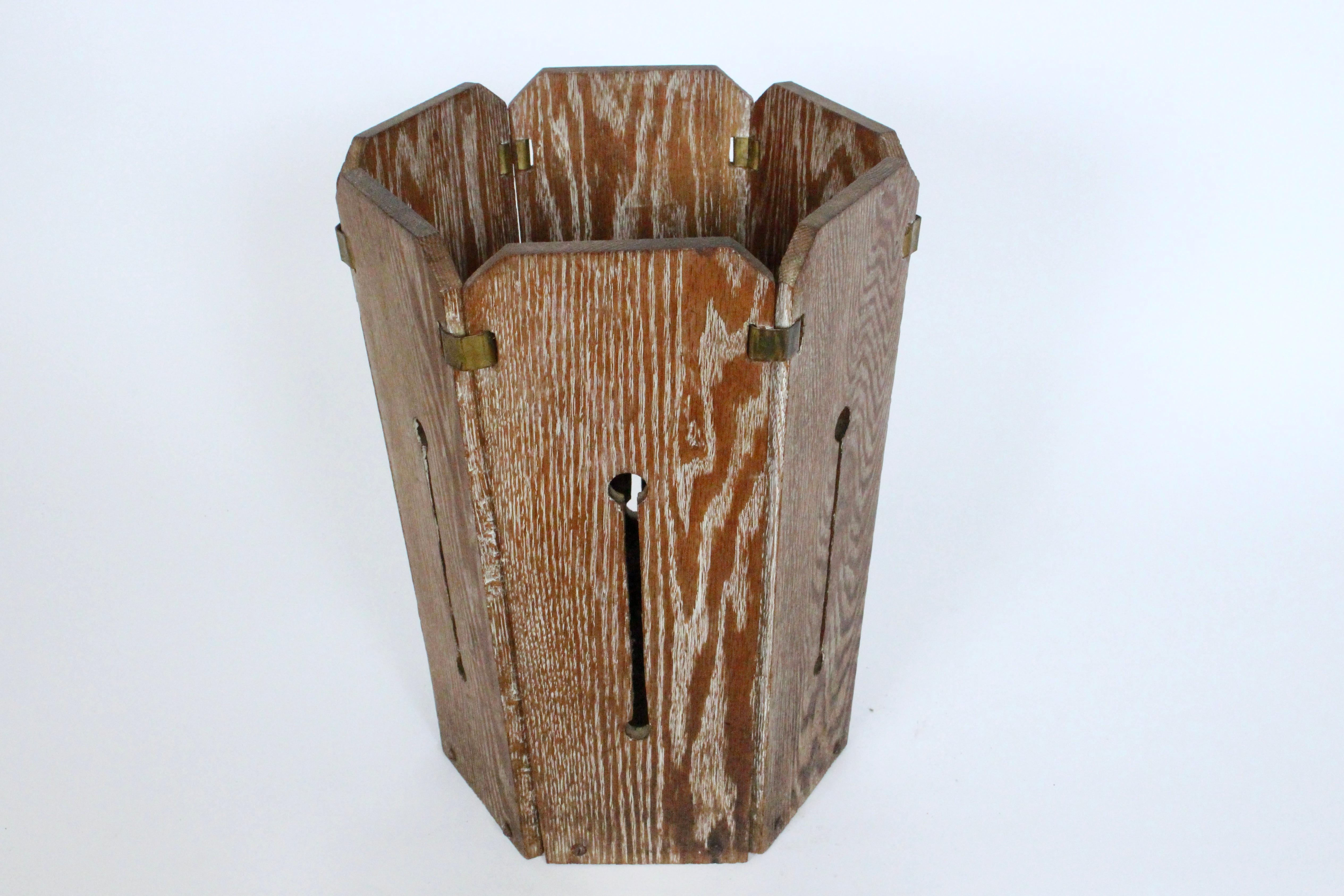 Arts & Crafts Brass Clasped Cerused Oak Hexagonal Wastepaper Basket 8