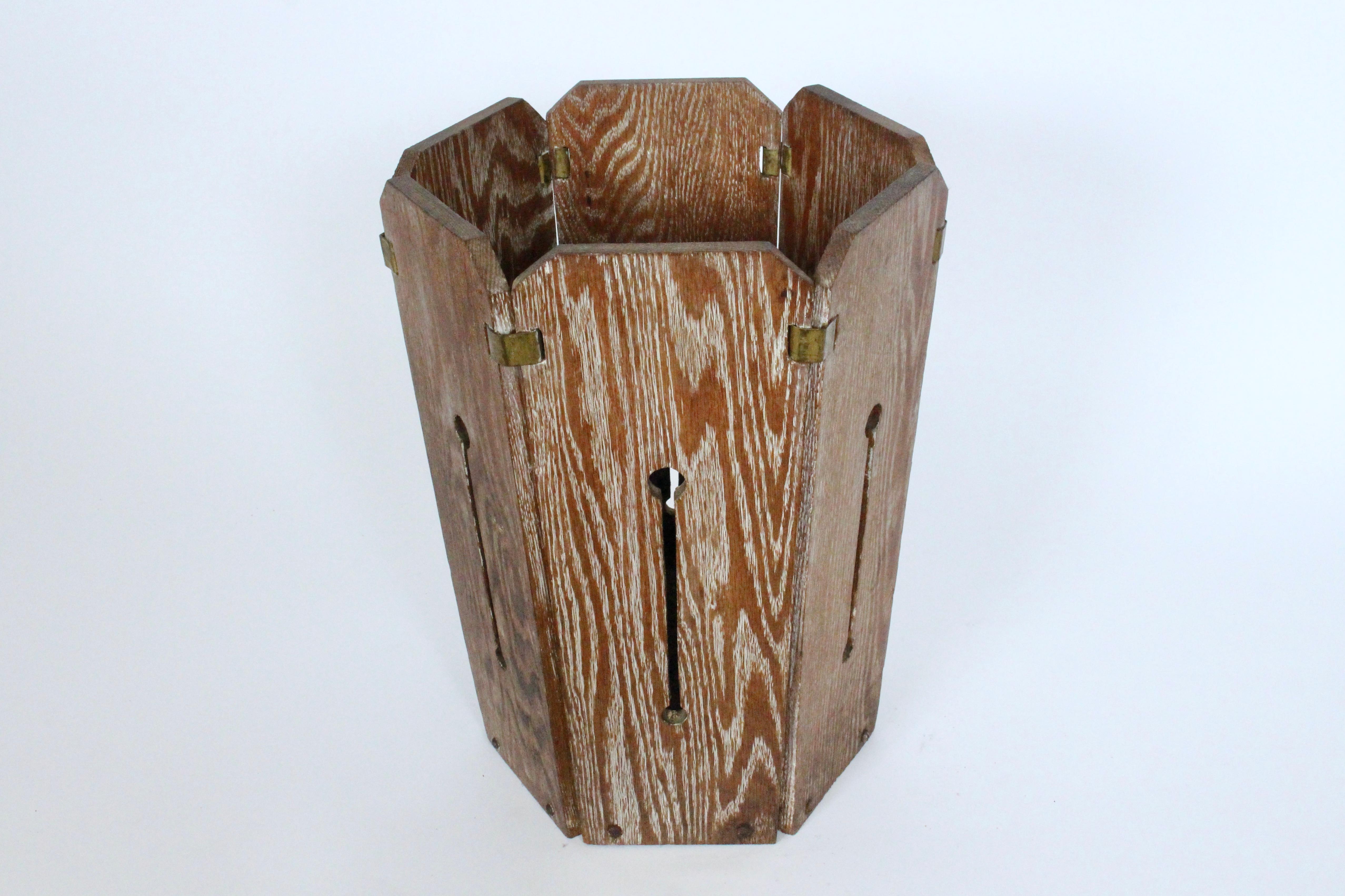 Arts & Crafts Brass Clasped Cerused Oak Hexagonal Wastepaper Basket In Good Condition In Bainbridge, NY
