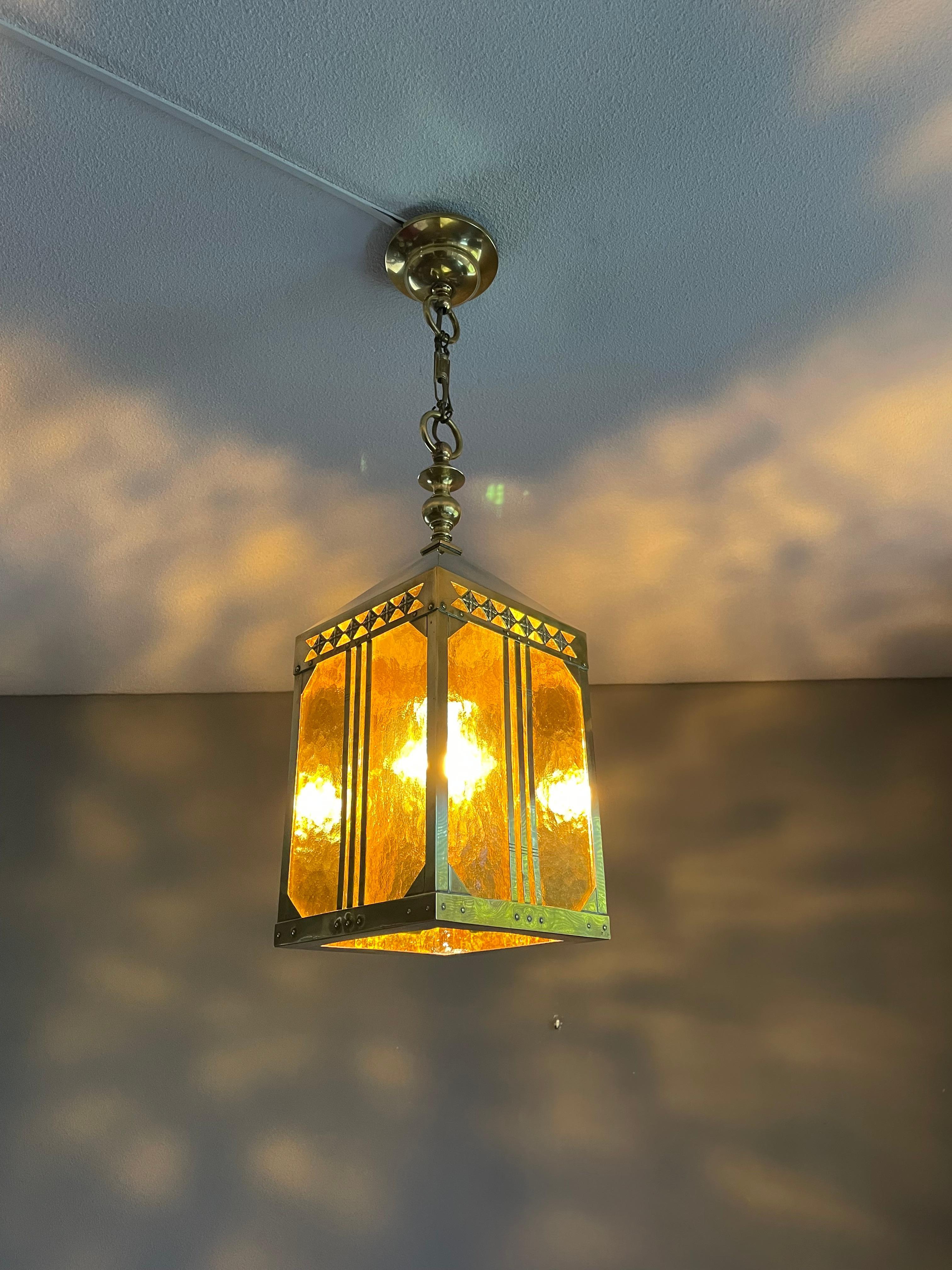 Arts & Crafts Brass & Glass Entry Hall Pendant / Lantern Attr. Jan Eisenloeffel For Sale 6