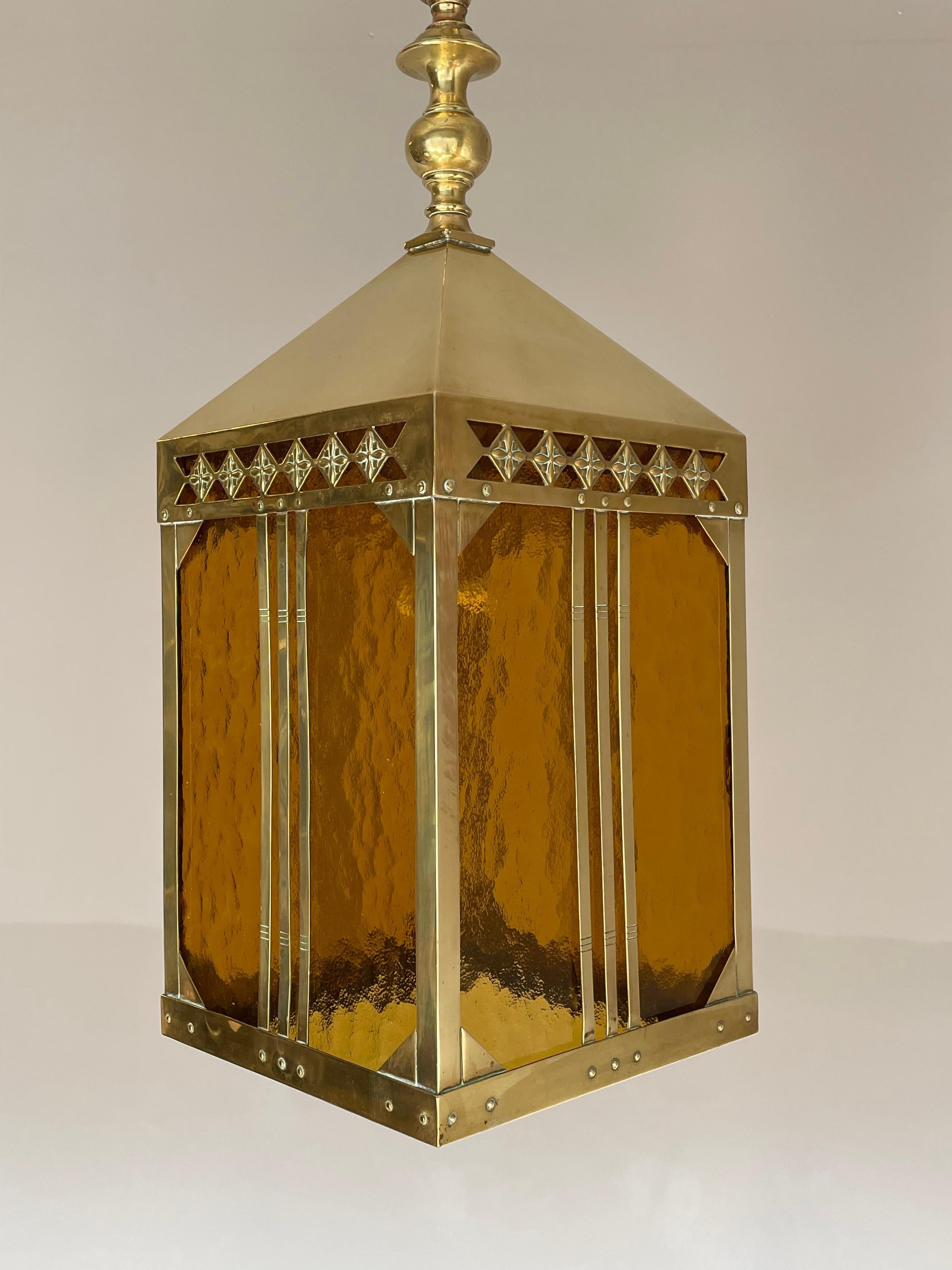 Arts & Crafts Brass & Glass Entry Hall Pendant / Lantern Attr. Jan Eisenloeffel For Sale 7