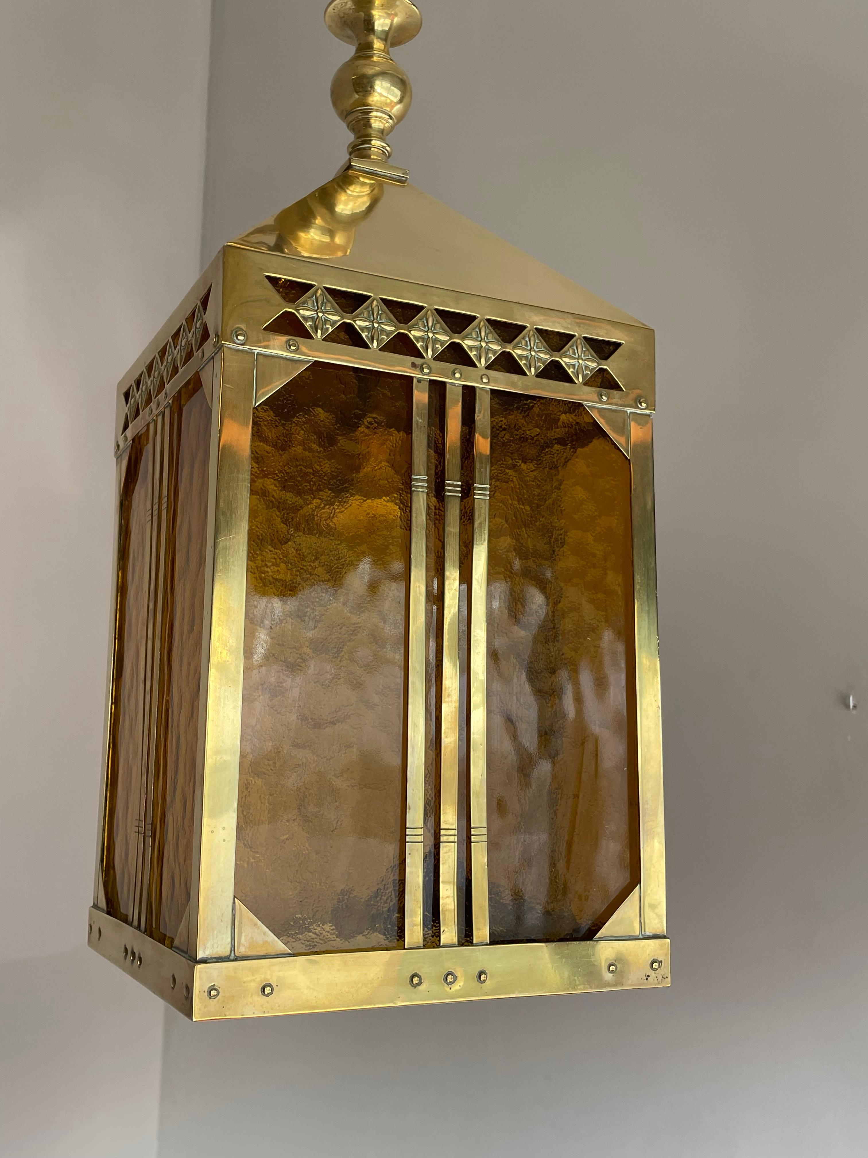 Forged Arts & Crafts Brass & Glass Entry Hall Pendant / Lantern Attr. Jan Eisenloeffel For Sale