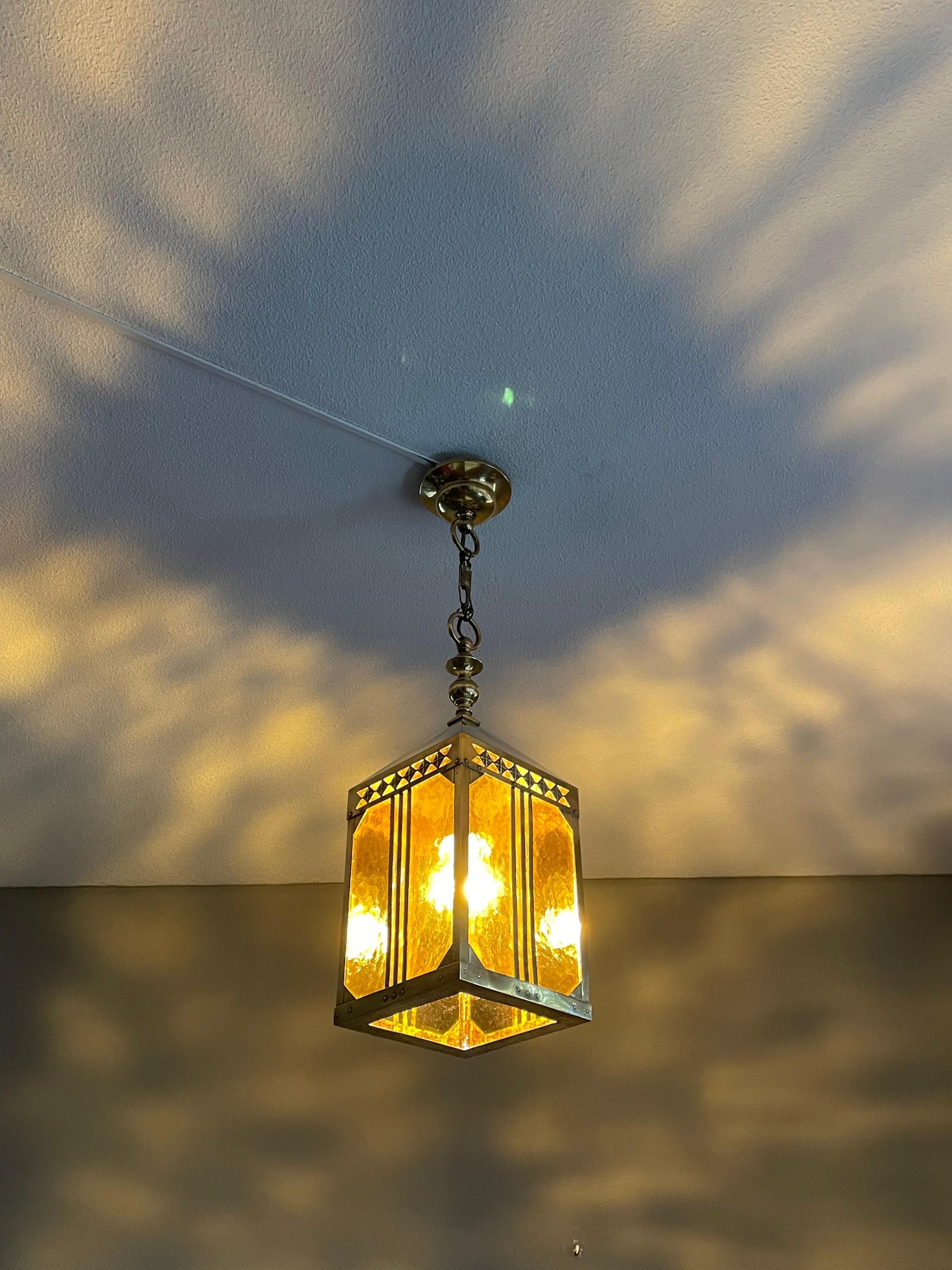 Unique, truly stylish and all-handcrafted Dutch Arts & Crafts entry hall pendant light / lantern.

If you are looking for the best and the rarest when it comes to European Arts and Crafts antiques then this extremely rare hallway or entry hall