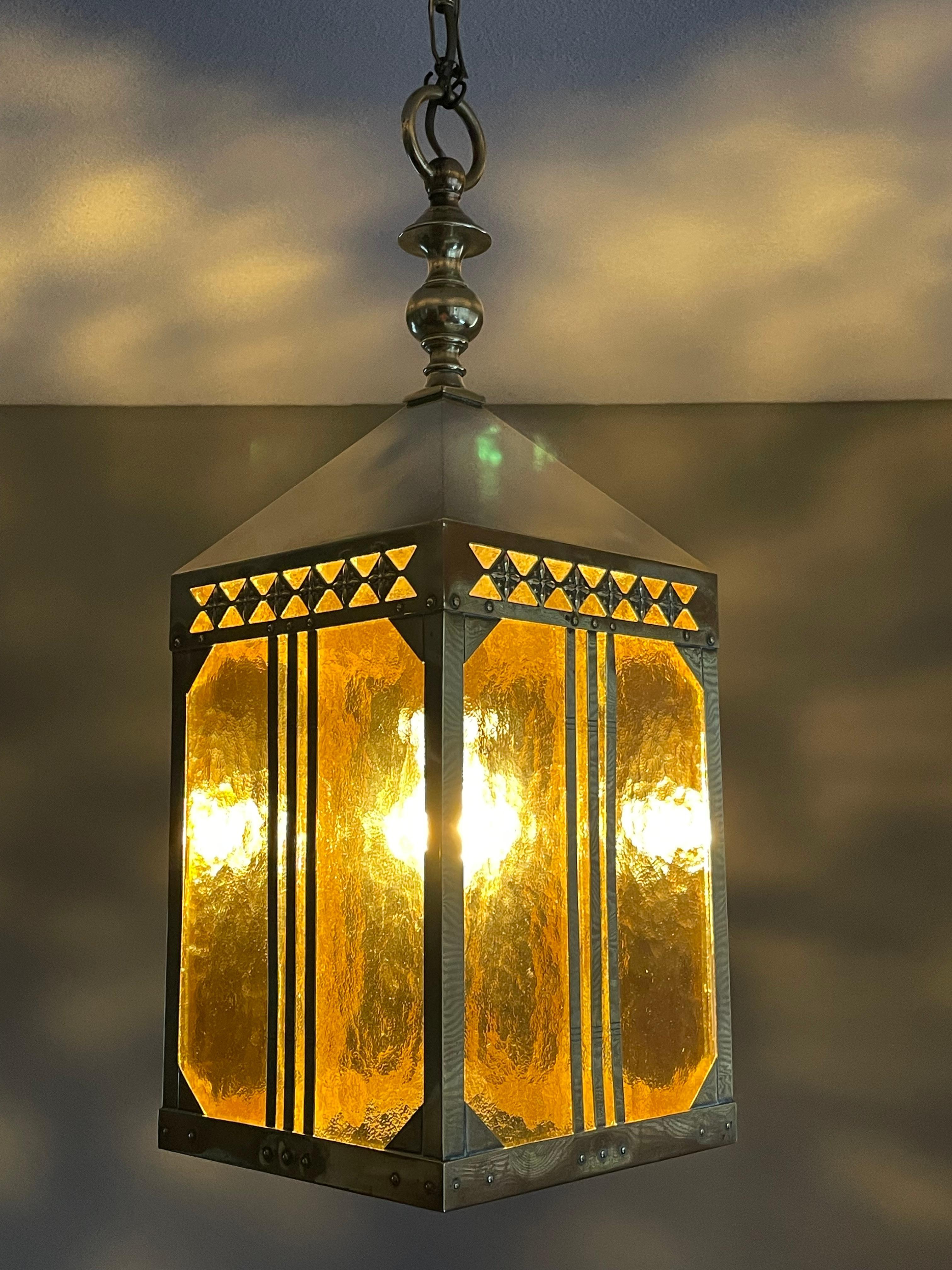 Arts & Crafts Brass & Glass Entry Hall Pendant / Lantern Attr. Jan Eisenloeffel In Good Condition For Sale In Lisse, NL