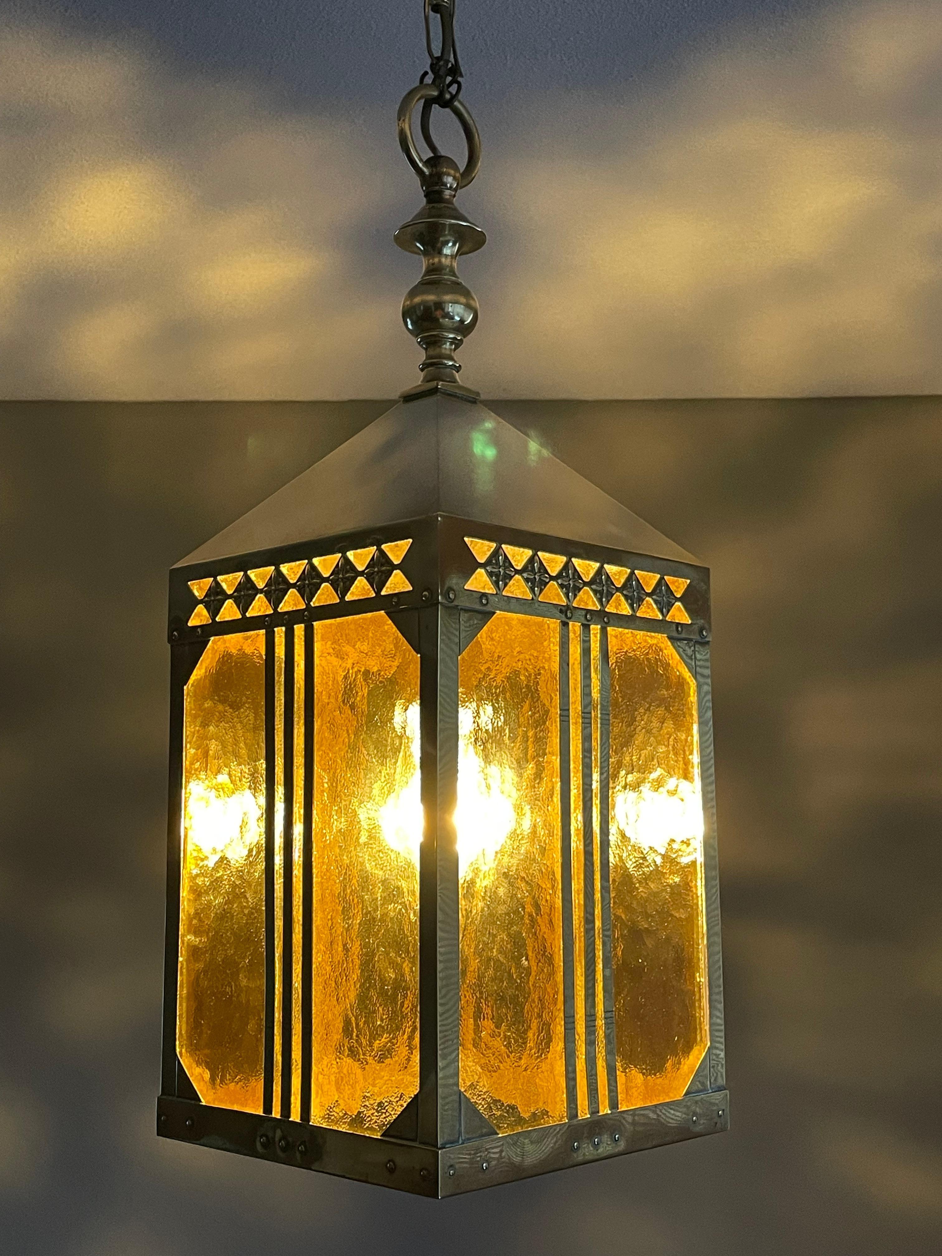 Arts & Crafts Brass & Glass Entry Hall Pendant / Lantern Attr. Jan Eisenloeffel In Good Condition In Lisse, NL