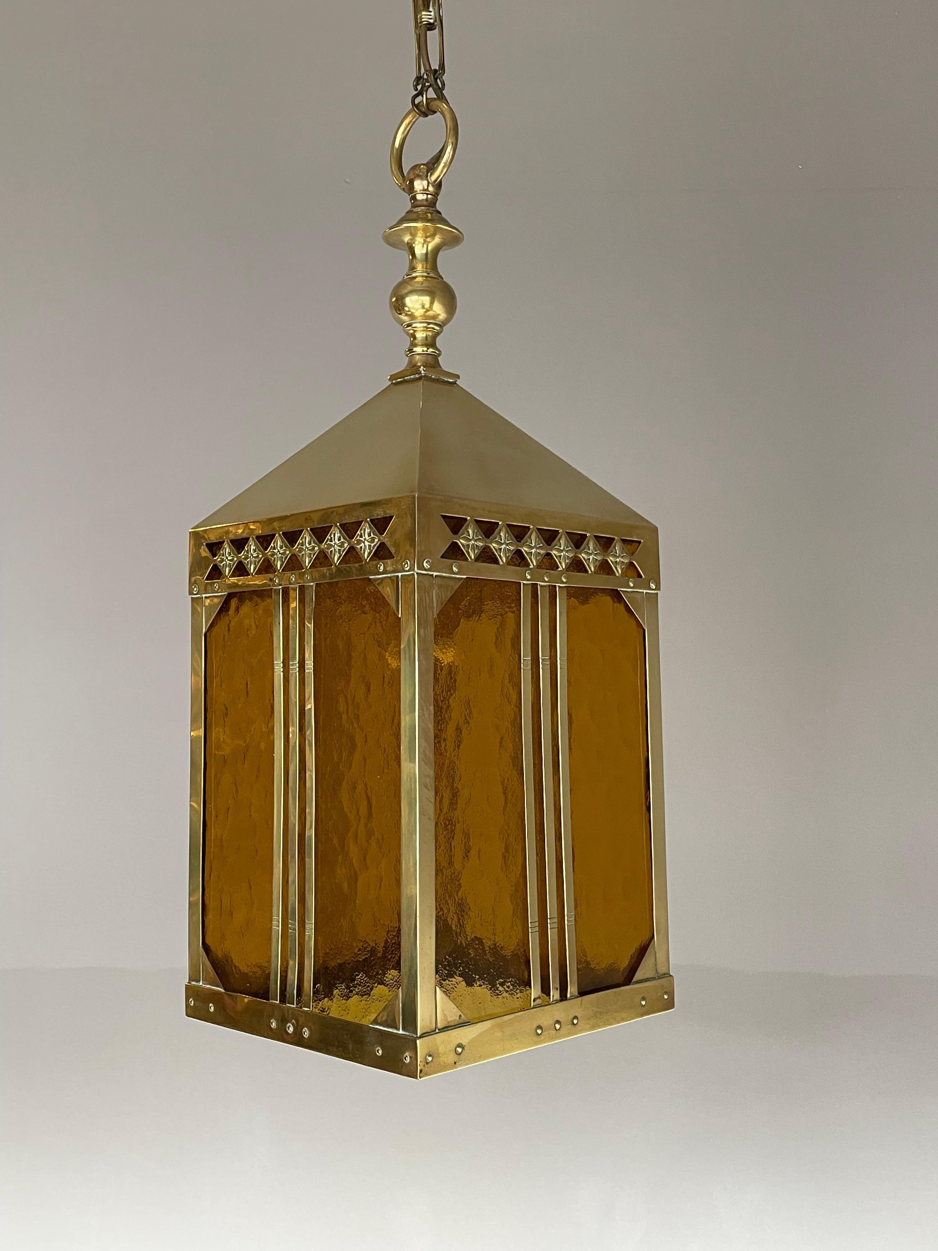 Arts & Crafts Brass & Glass Entry Hall Pendant / Lantern Attr. Jan Eisenloeffel For Sale 12