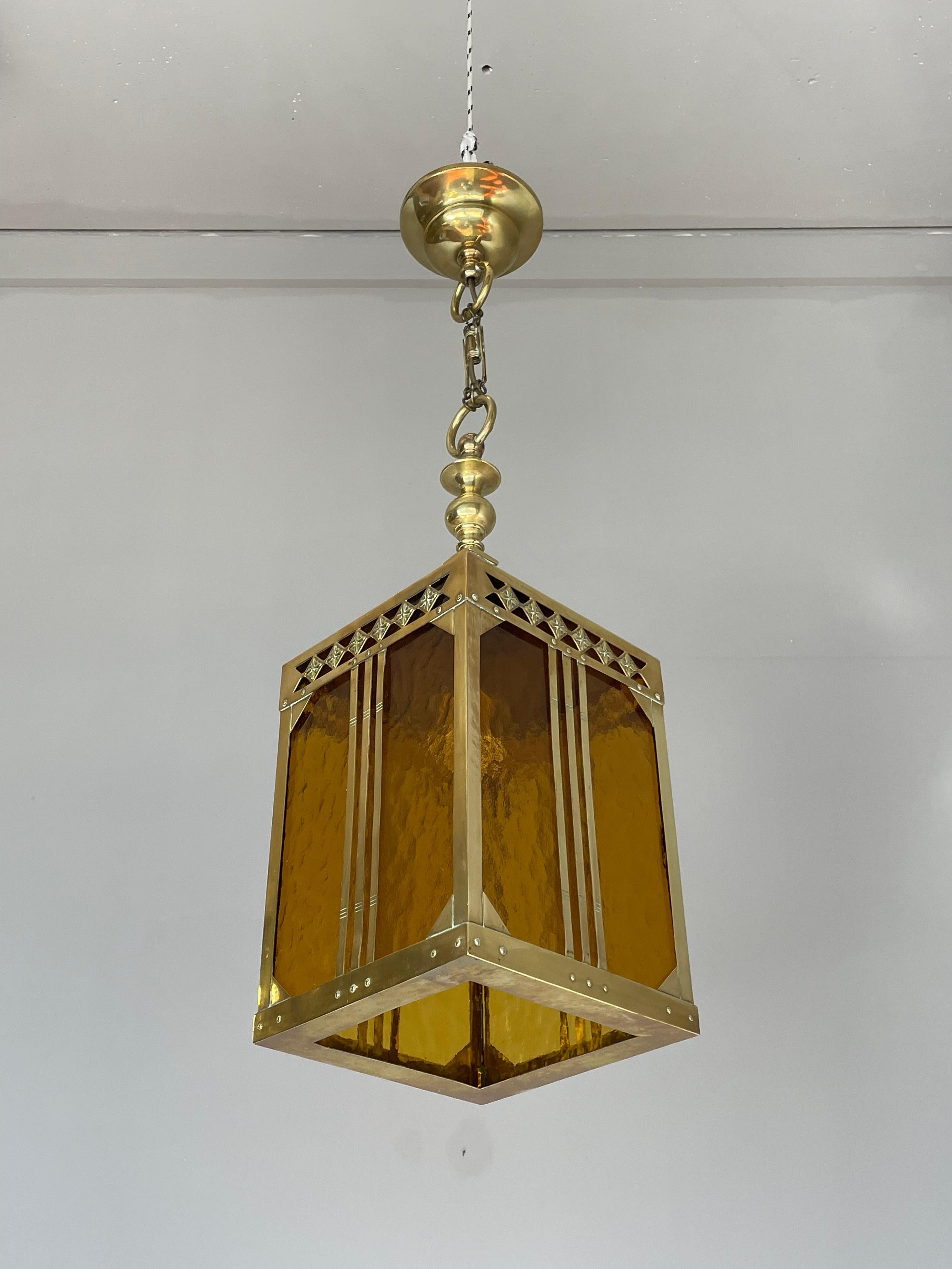 Arts and Crafts Arts & Crafts Brass & Glass Entry Hall Pendant / Lantern Attr. Jan Eisenloeffel For Sale