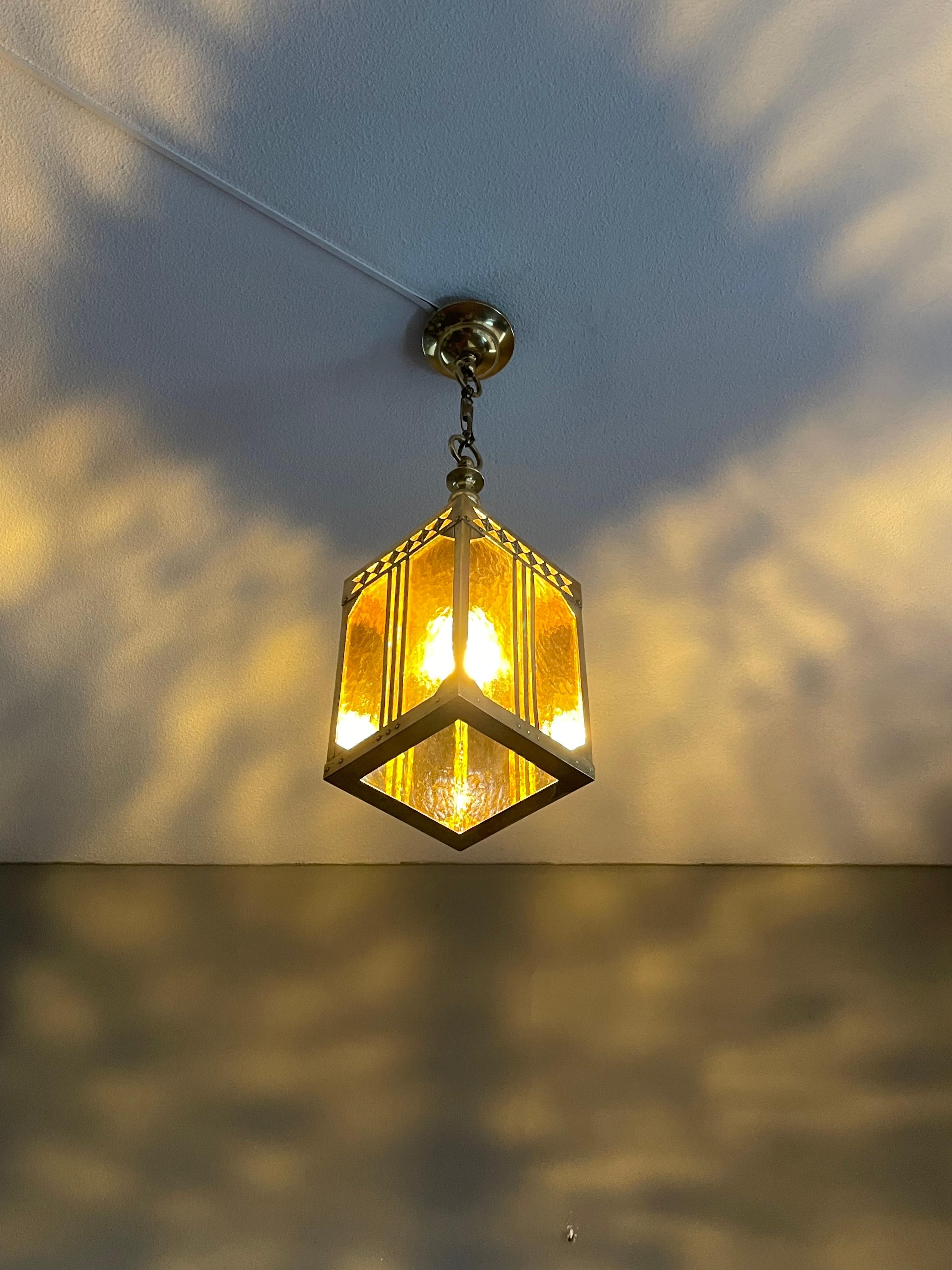 Arts & Crafts Brass & Glass Entry Hall Pendant / Lantern Attr. Jan Eisenloeffel For Sale 1