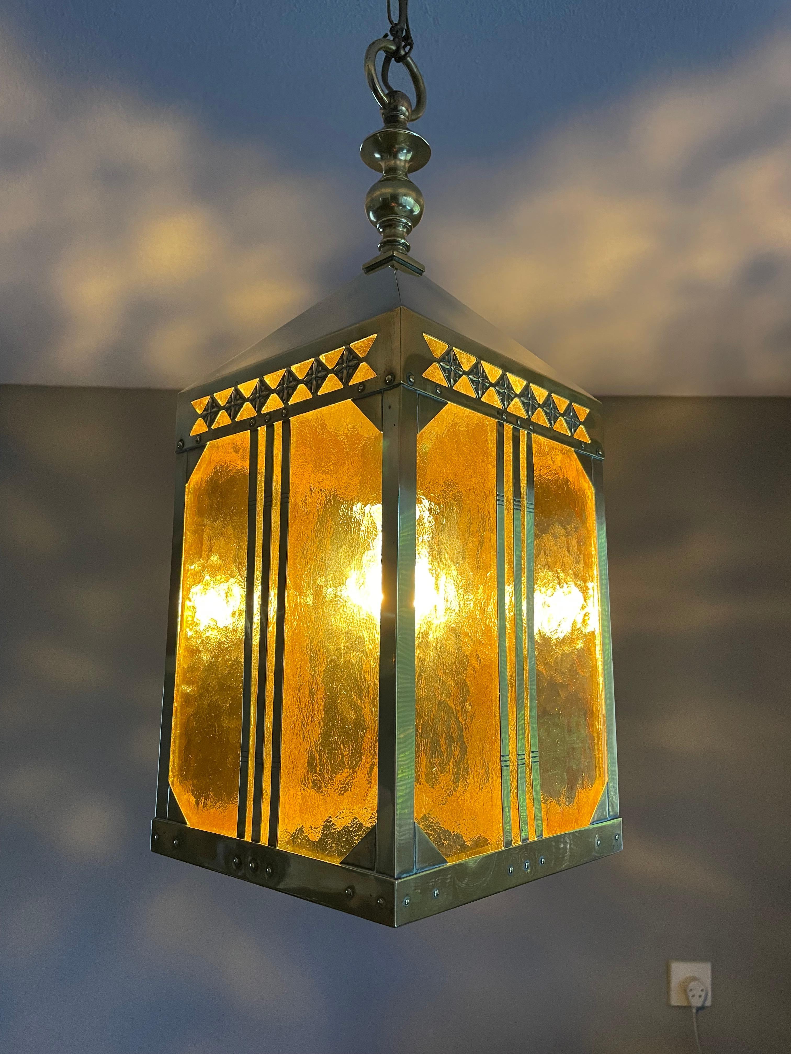 Dutch Arts & Crafts Brass & Glass Entry Hall Pendant / Lantern Attr. Jan Eisenloeffel For Sale