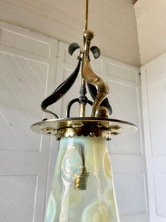 Arts & Crafts Brass Hanging Light With Vaseline Glass Shade
