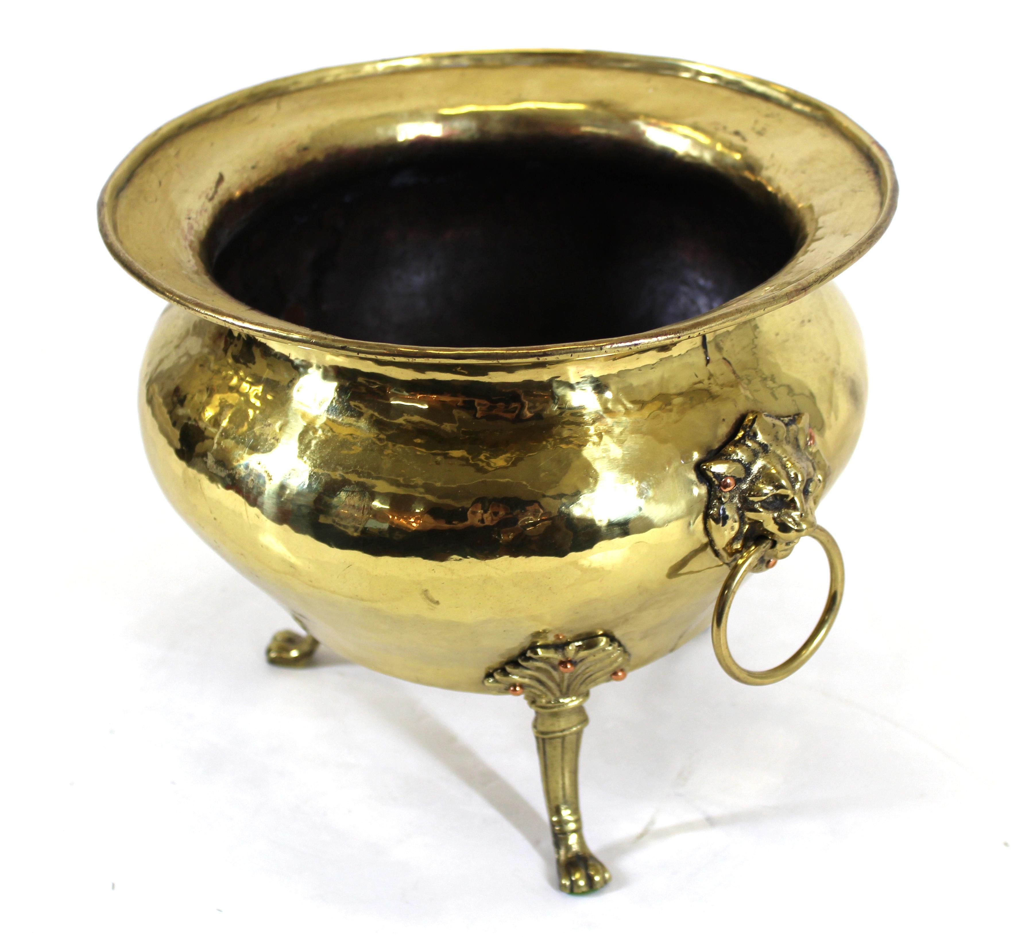 Arts and Crafts Arts & Crafts Brass Jardinière Planter With Lion Head Handles