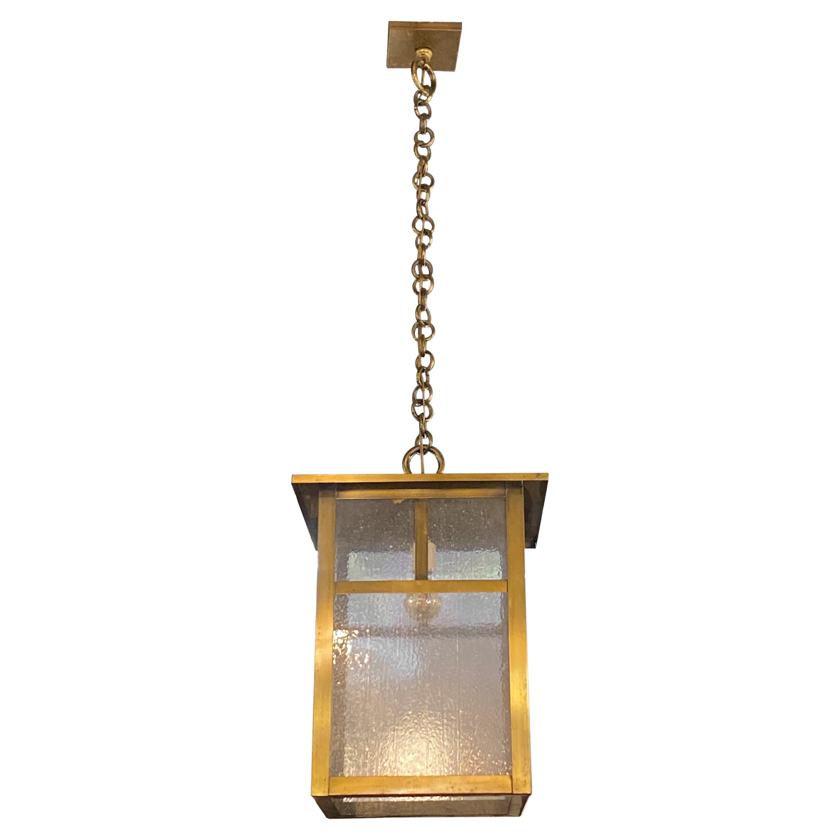 Arts & Crafts Brass Lantern Pendant Light Textured Glass For Sale
