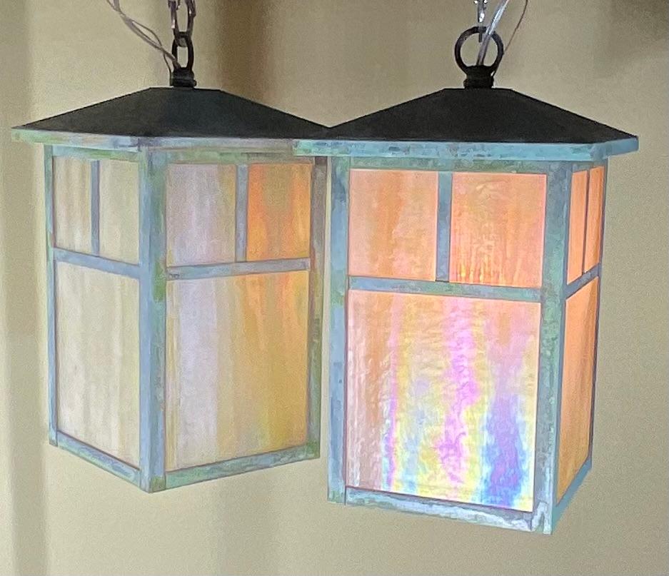 American Arts & Crafts Brass Lantern Pendant Light With Art Glass For Sale