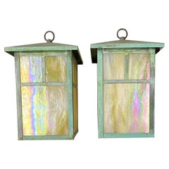 Arts & Crafts Brass Lantern Pendant Light With Art Glass