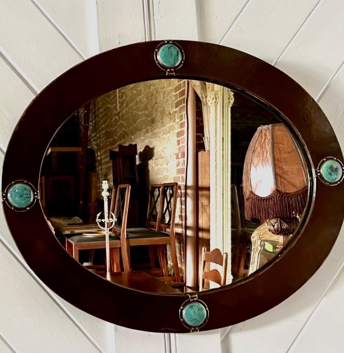 Arts and Crafts Arts & Crafts Patinated Brass Mirror With Ruskin Insets By Liberty & Co